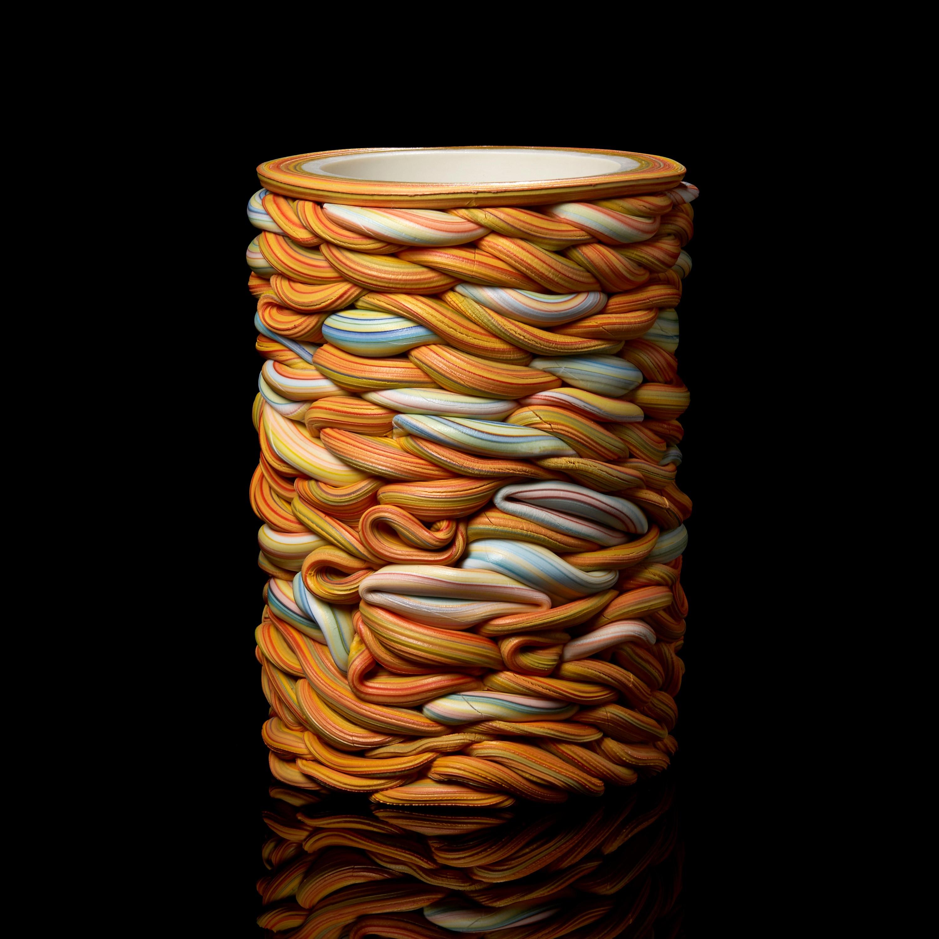 Organic Modern Striped Fold I, A Mixed Colour Porcelain Sculptural Vessel by Steven Edwards