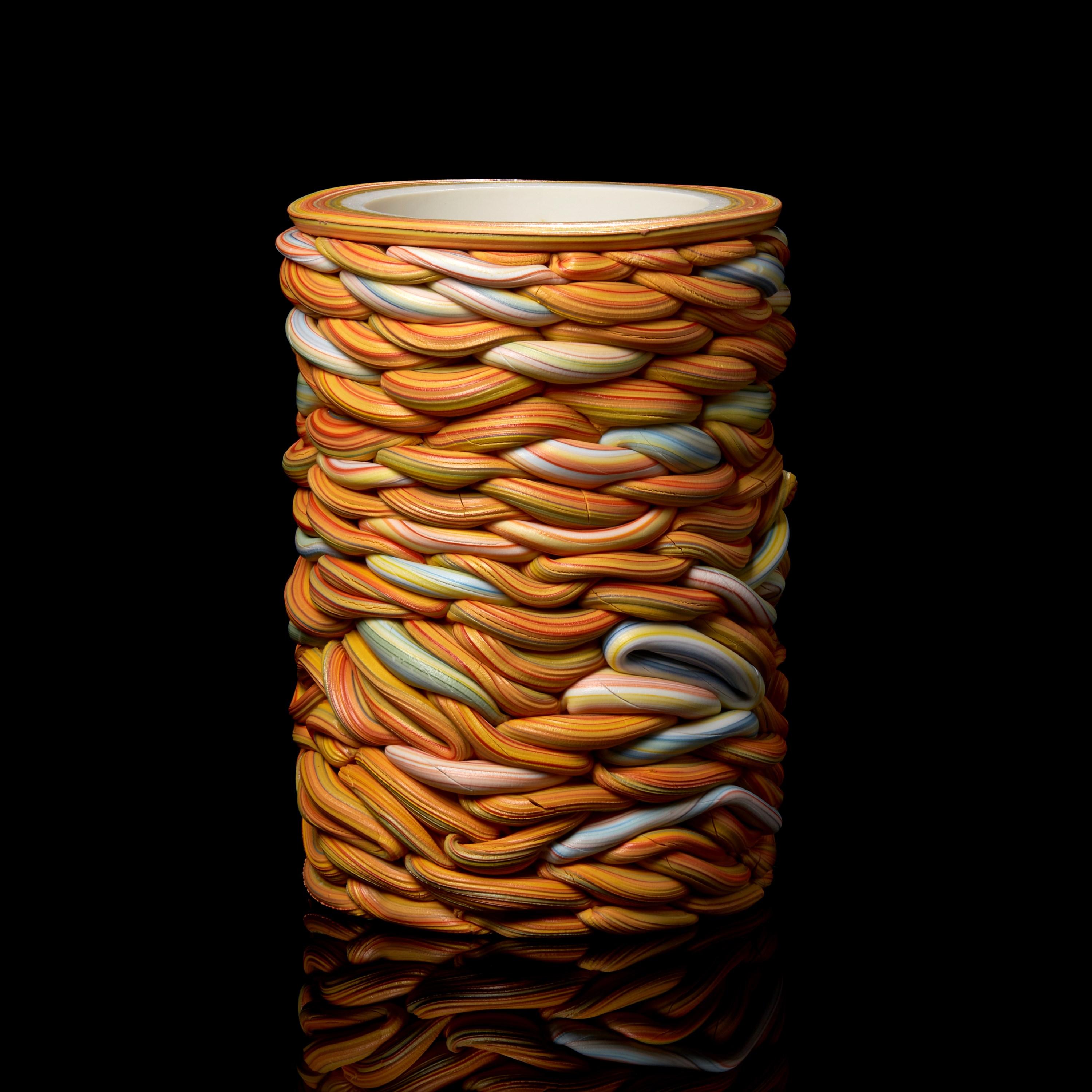 Hand-Crafted Striped Fold I, A Mixed Colour Porcelain Sculptural Vessel by Steven Edwards