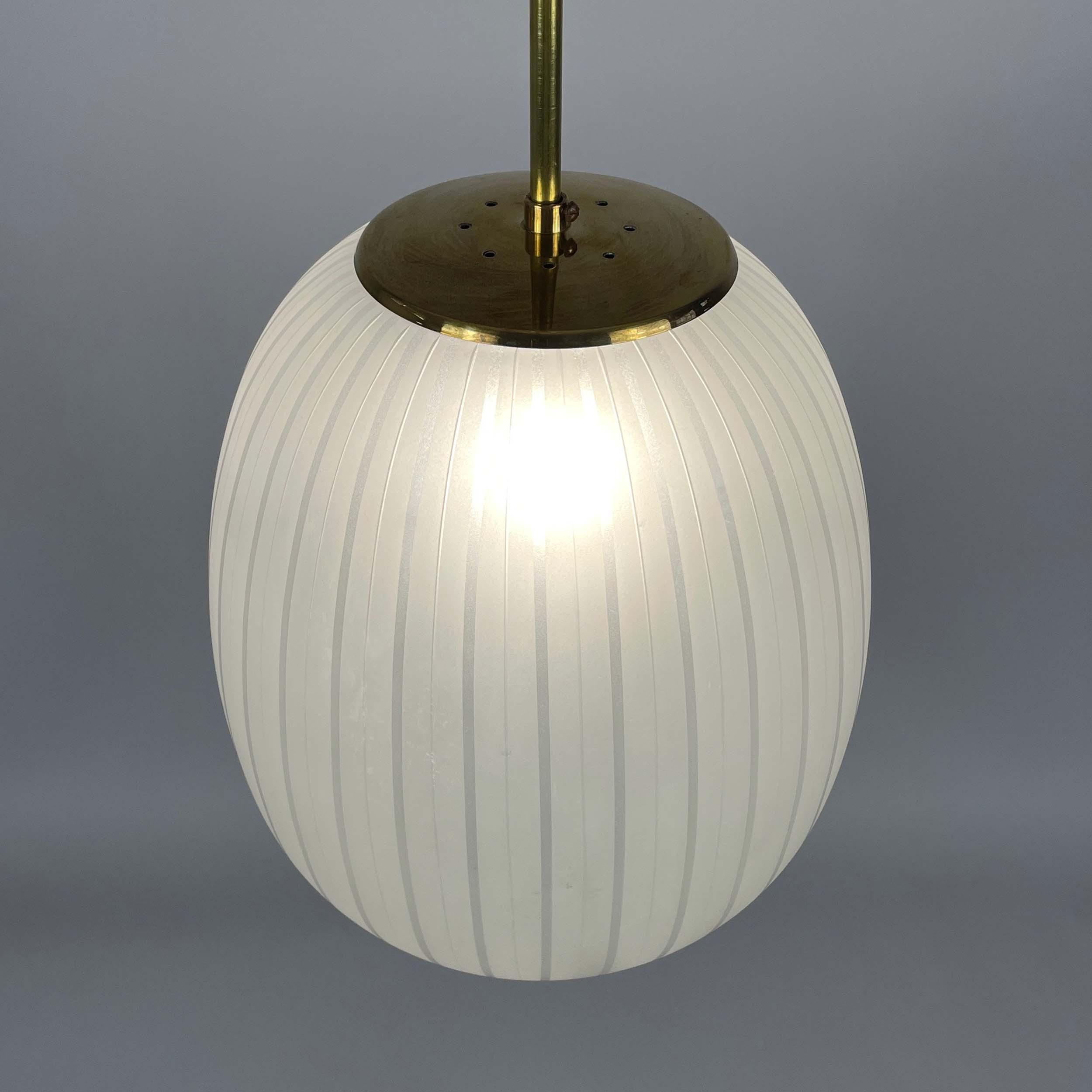 Striped Frosted Glass & Brass Pendant, Orrefors Sweden 1950s 4