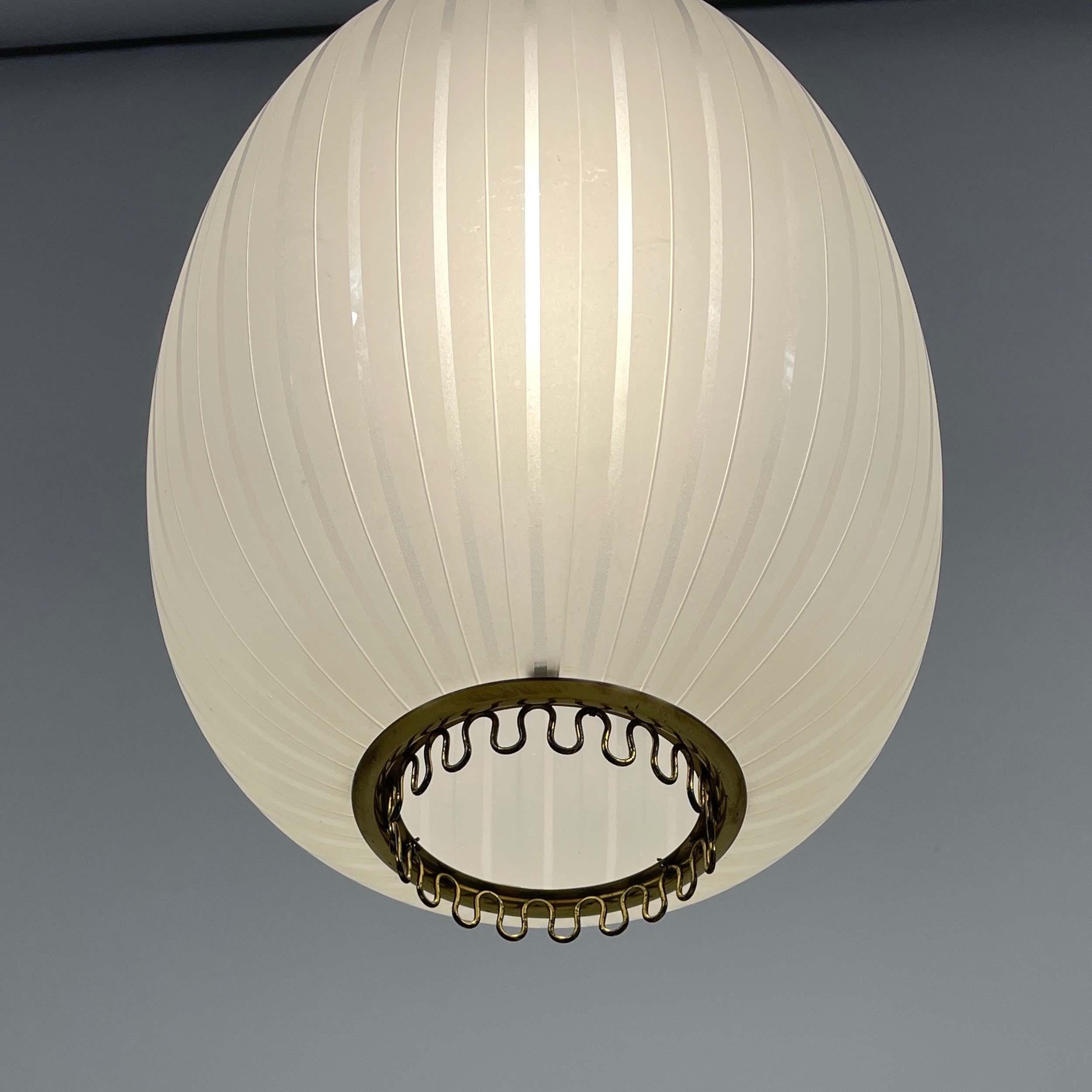 Striped Frosted Glass & Brass Pendant, Orrefors Sweden 1950s 5
