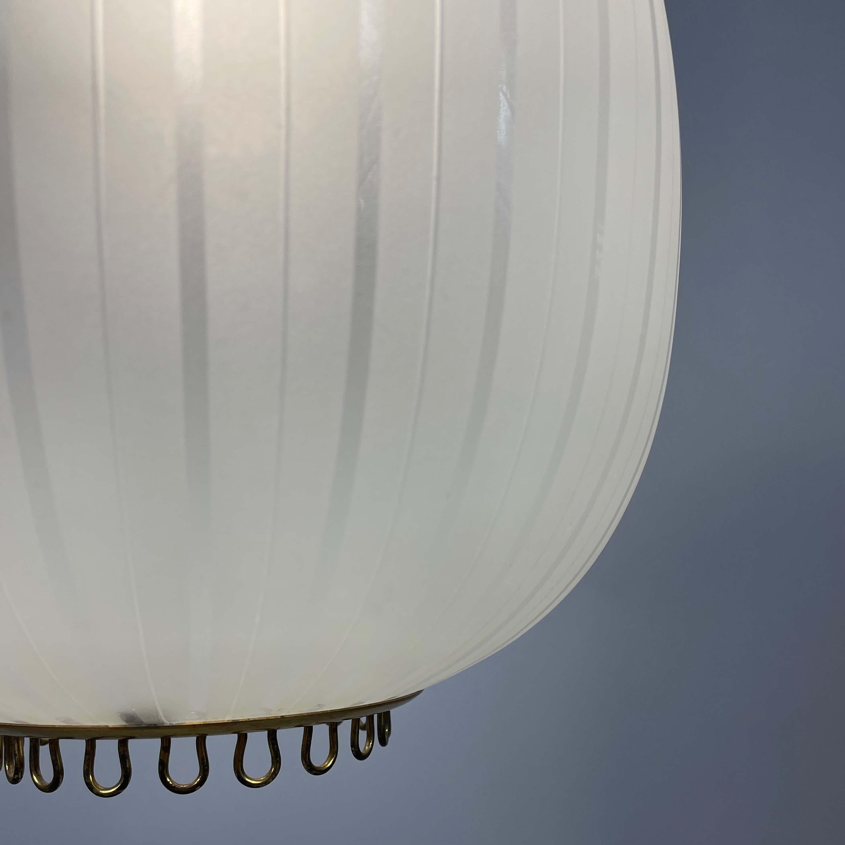 Striped Frosted Glass & Brass Pendant, Orrefors Sweden 1950s 6