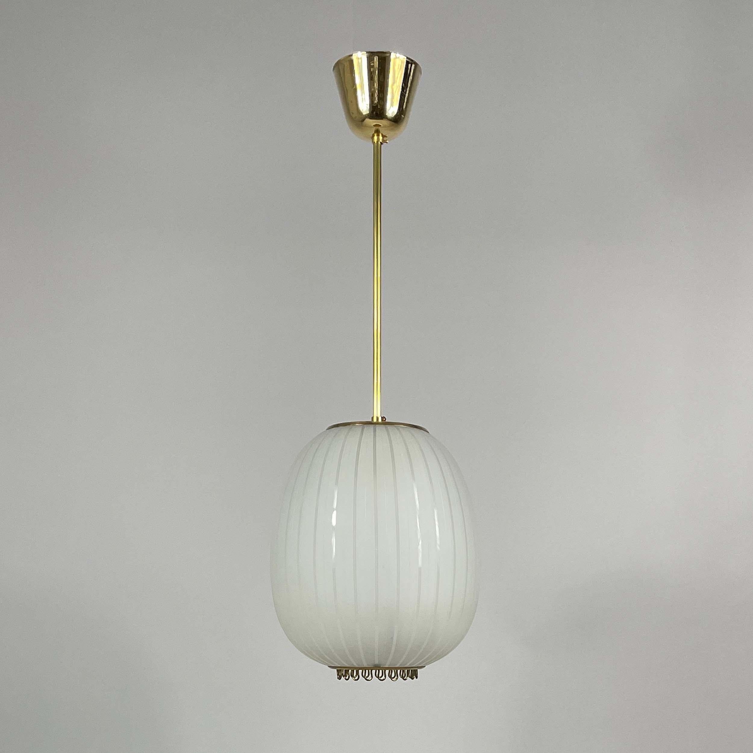 Striped Frosted Glass & Brass Pendant, Orrefors Sweden 1950s 7