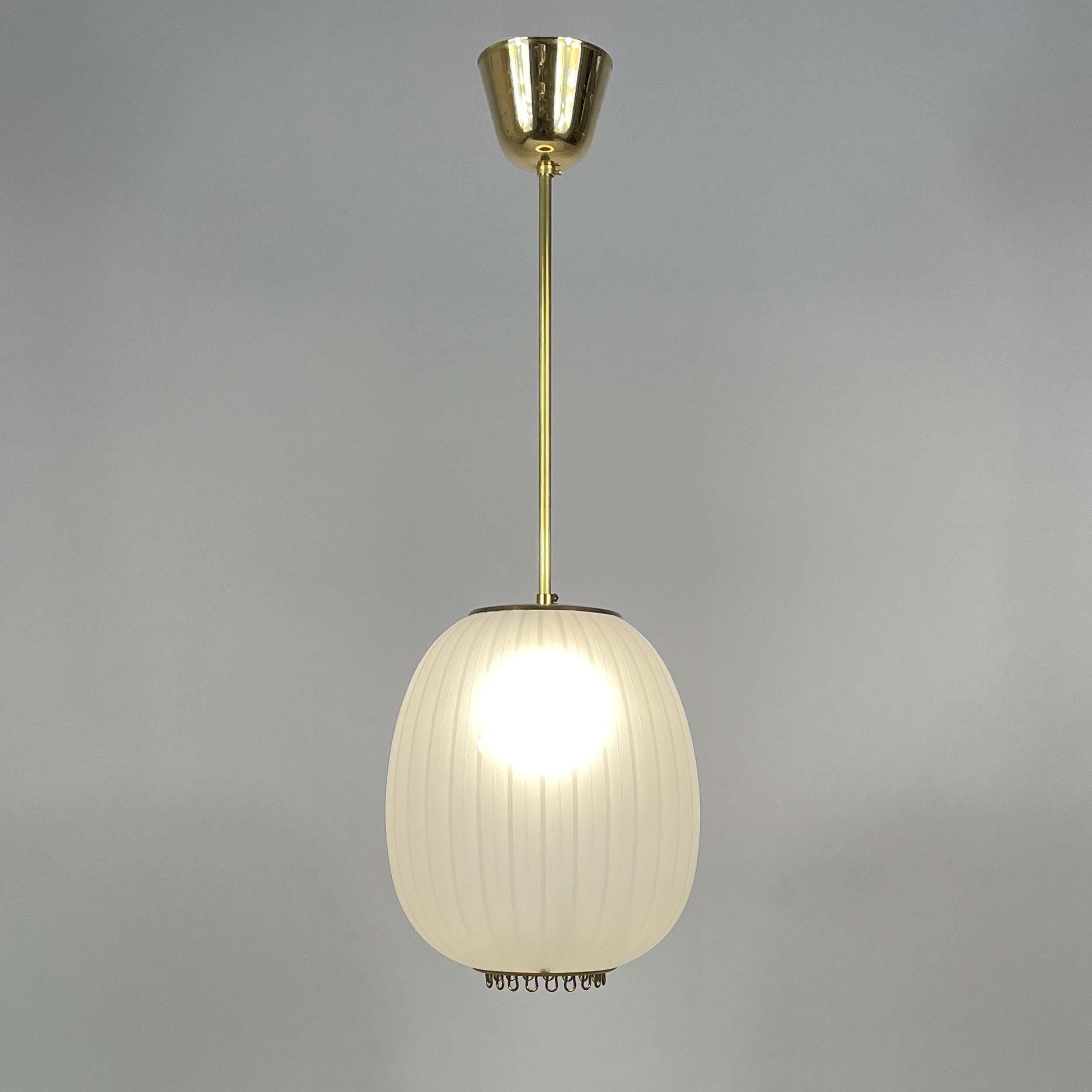 Striped Frosted Glass & Brass Pendant, Orrefors Sweden 1950s 8