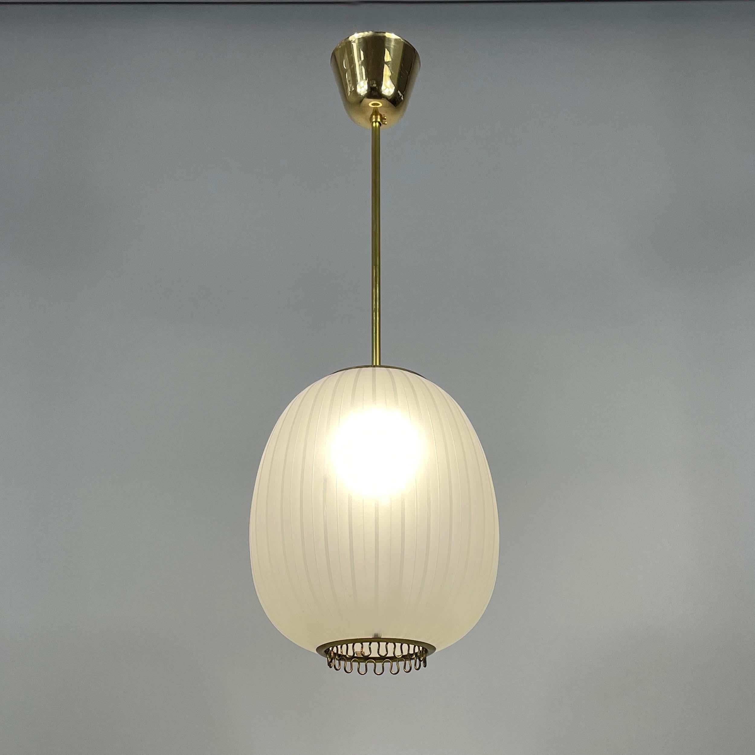 Mid-Century Modern Striped Frosted Glass & Brass Pendant, Orrefors Sweden 1950s