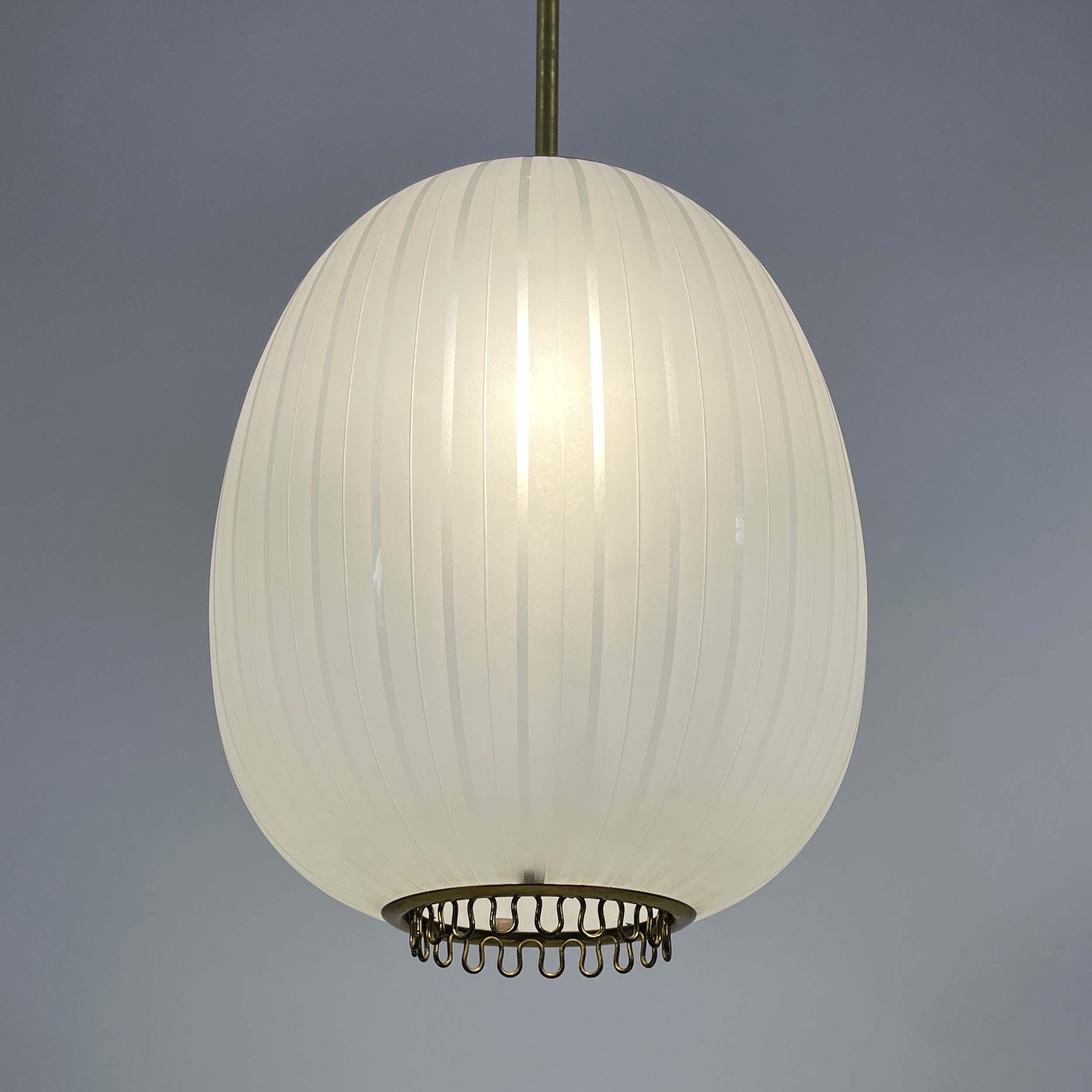 Swedish Striped Frosted Glass & Brass Pendant, Orrefors Sweden 1950s