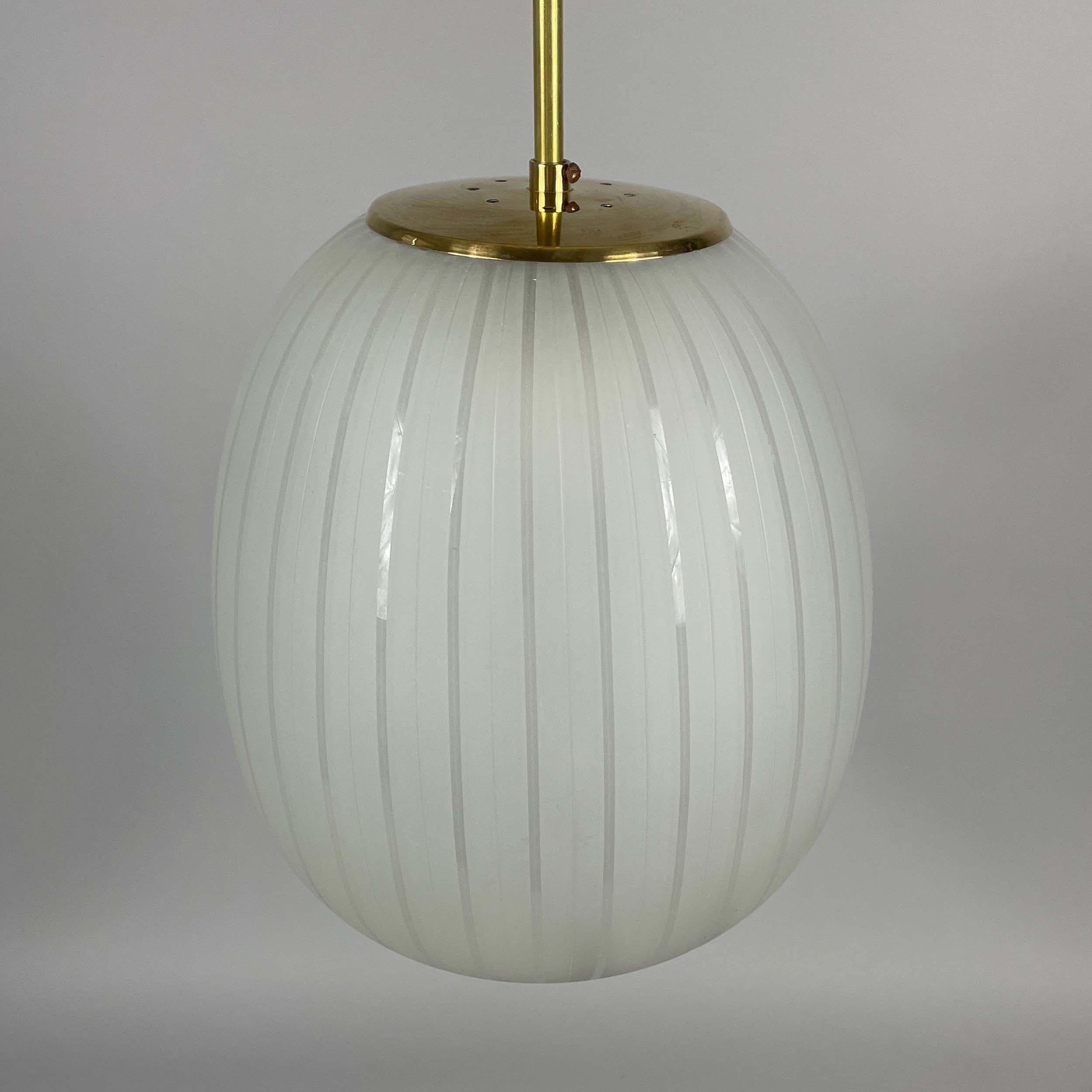 Striped Frosted Glass & Brass Pendant, Orrefors Sweden 1950s In Good Condition In NUEMBRECHT, NRW