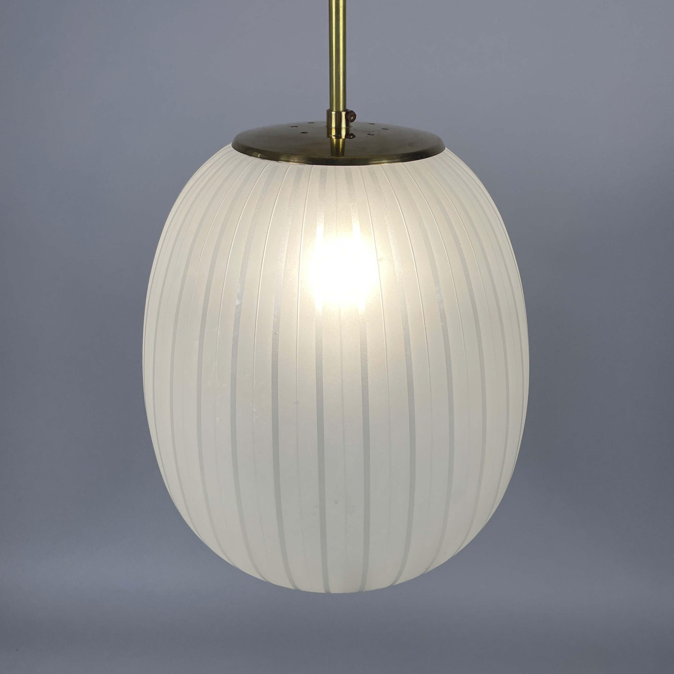 Mid-20th Century Striped Frosted Glass & Brass Pendant, Orrefors Sweden 1950s