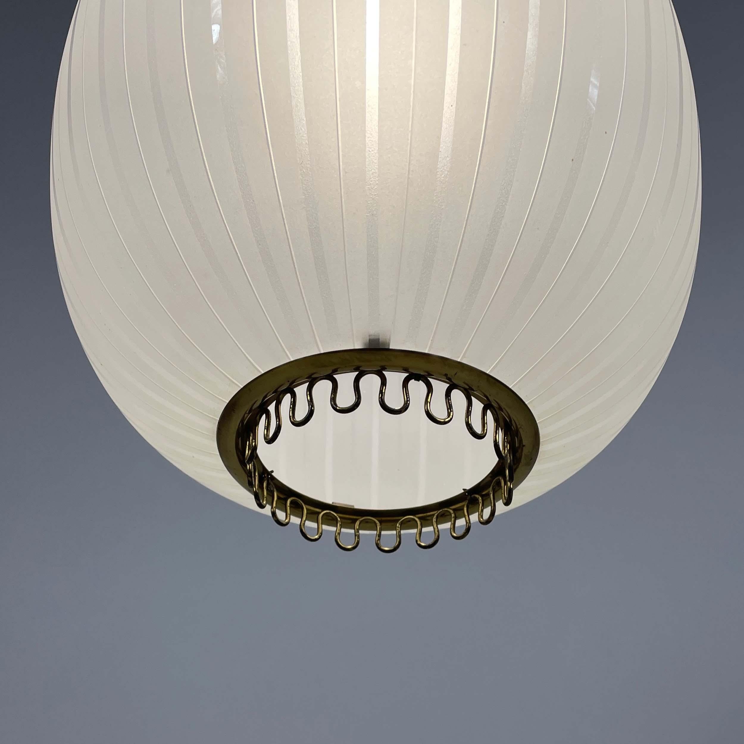 Striped Frosted Glass & Brass Pendant, Orrefors Sweden 1950s 1