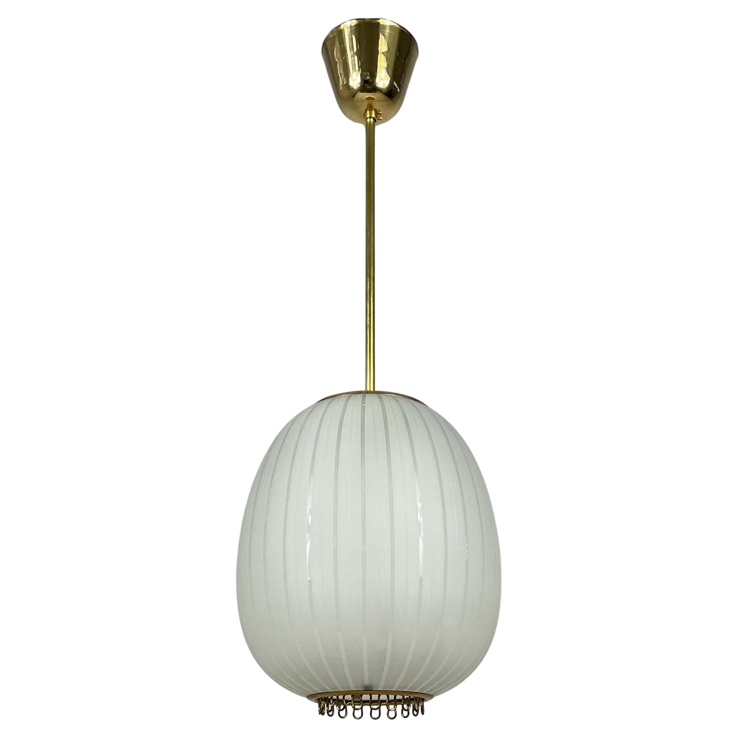 Striped Frosted Glass & Brass Pendant, Orrefors Sweden 1950s