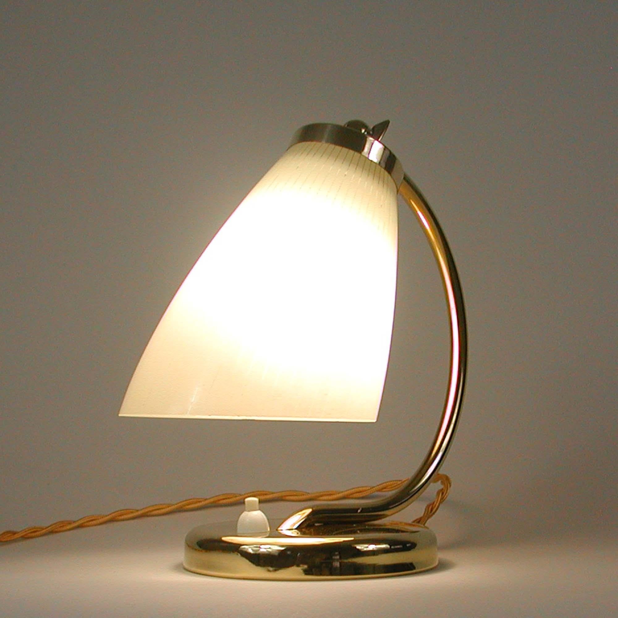 Striped Glass Opaline and Brass Table Lampe, Sweden 1950s 4