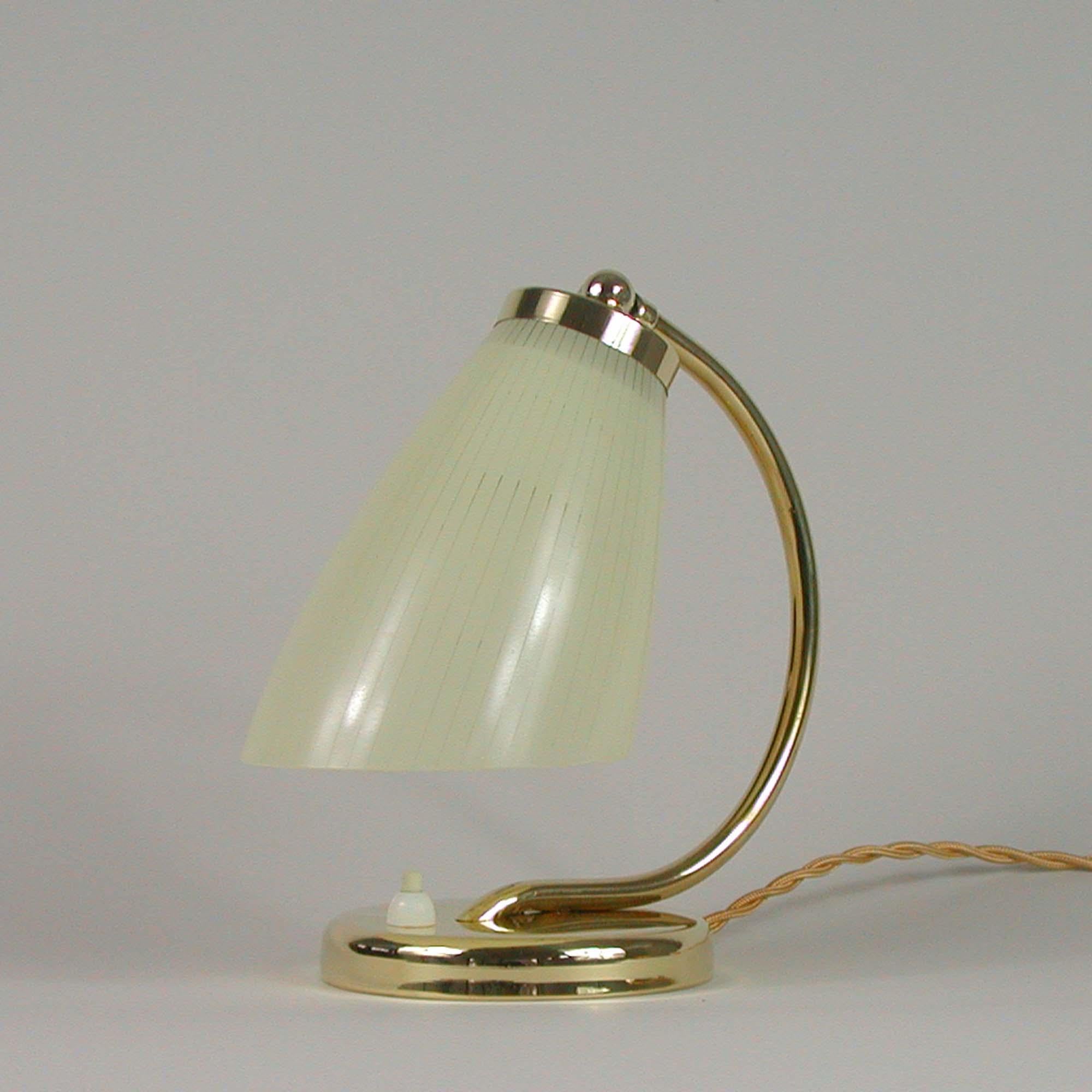 Mid-Century Modern Striped Glass Opaline and Brass Table Lampe, Sweden 1950s