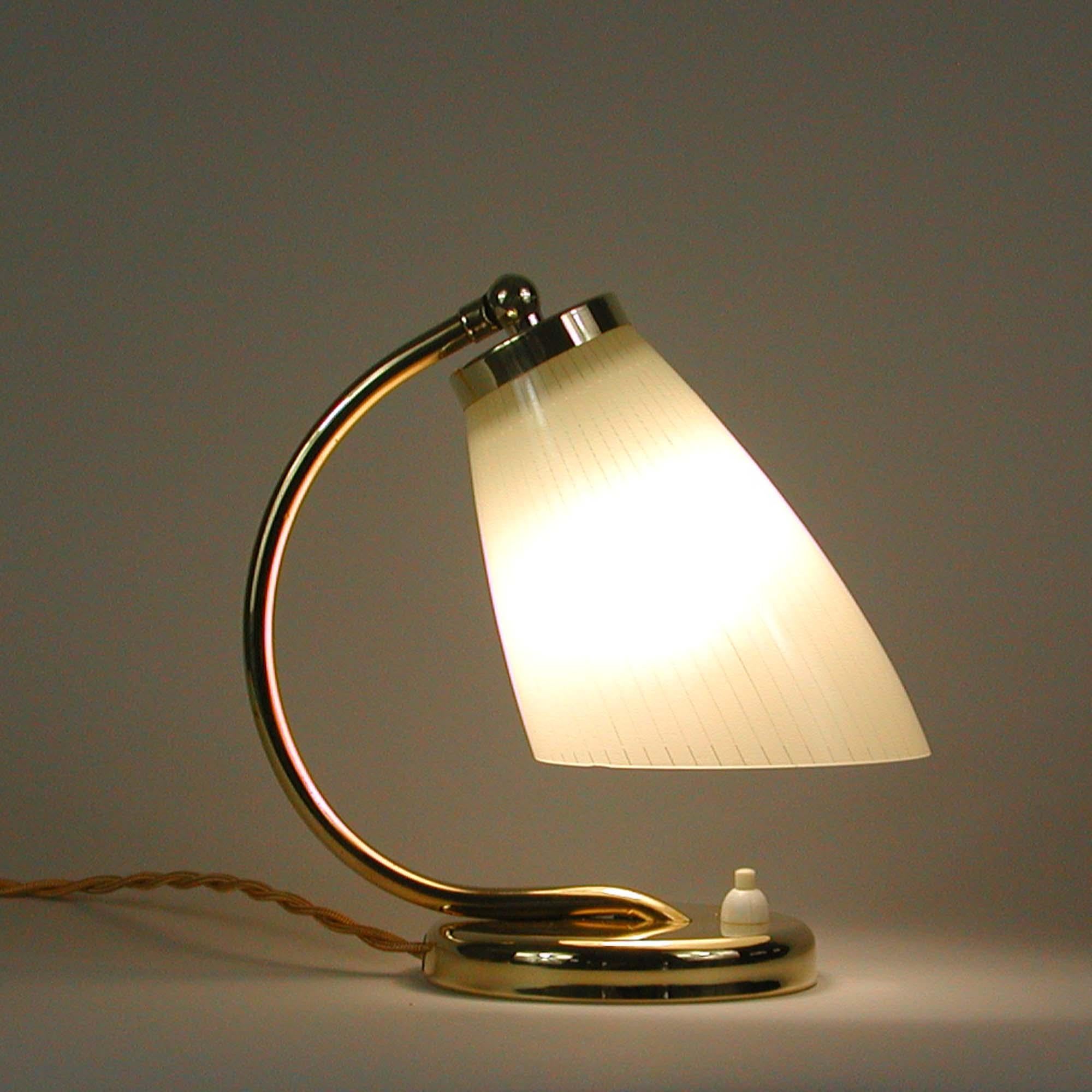 Swedish Striped Glass Opaline and Brass Table Lampe, Sweden 1950s
