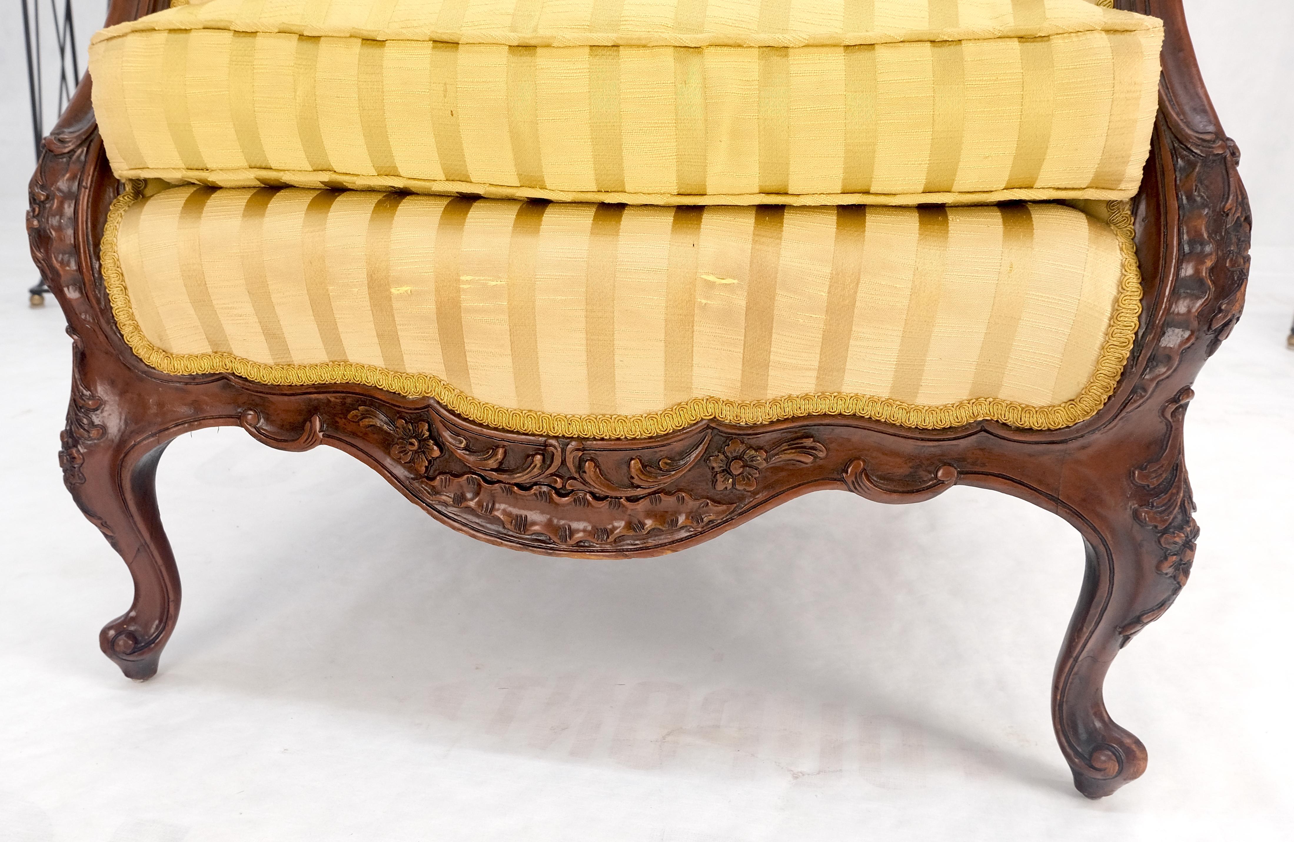 Striped Gold Upholstery Fine Deep Carved Mahogany Frame Lounge Chair Solid Frame For Sale 3