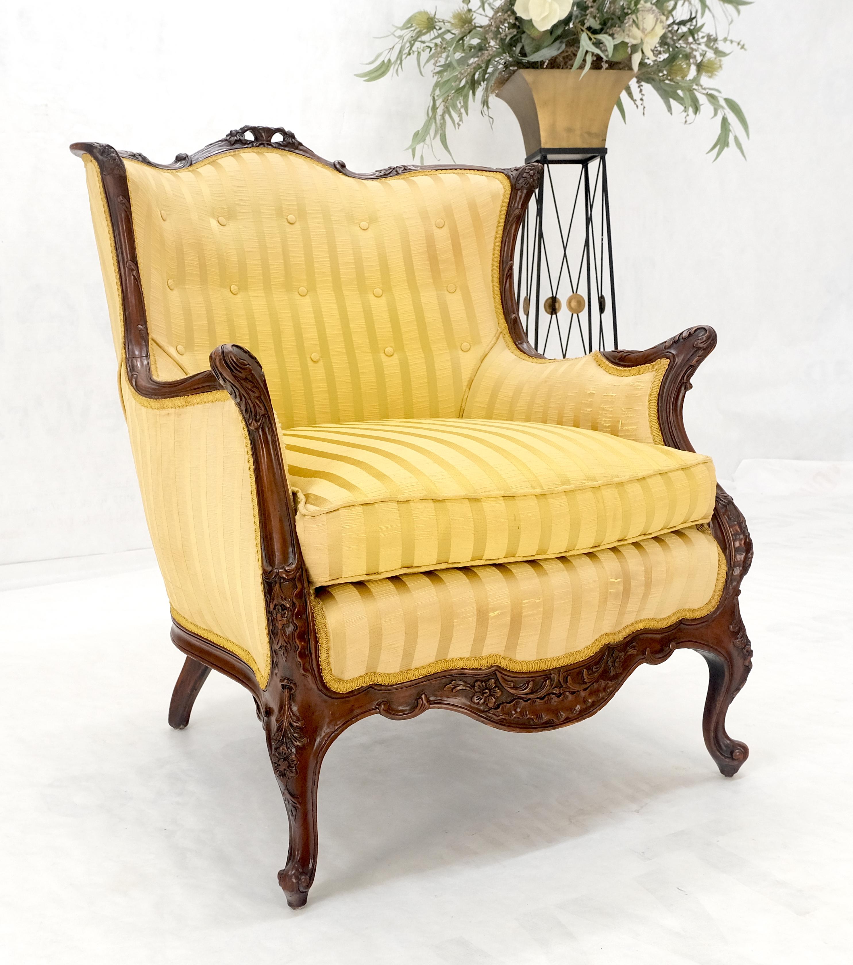 Striped Gold Upholstery Fine Deep Carved Mahogany Frame Lounge Chair Solid Frame For Sale 4