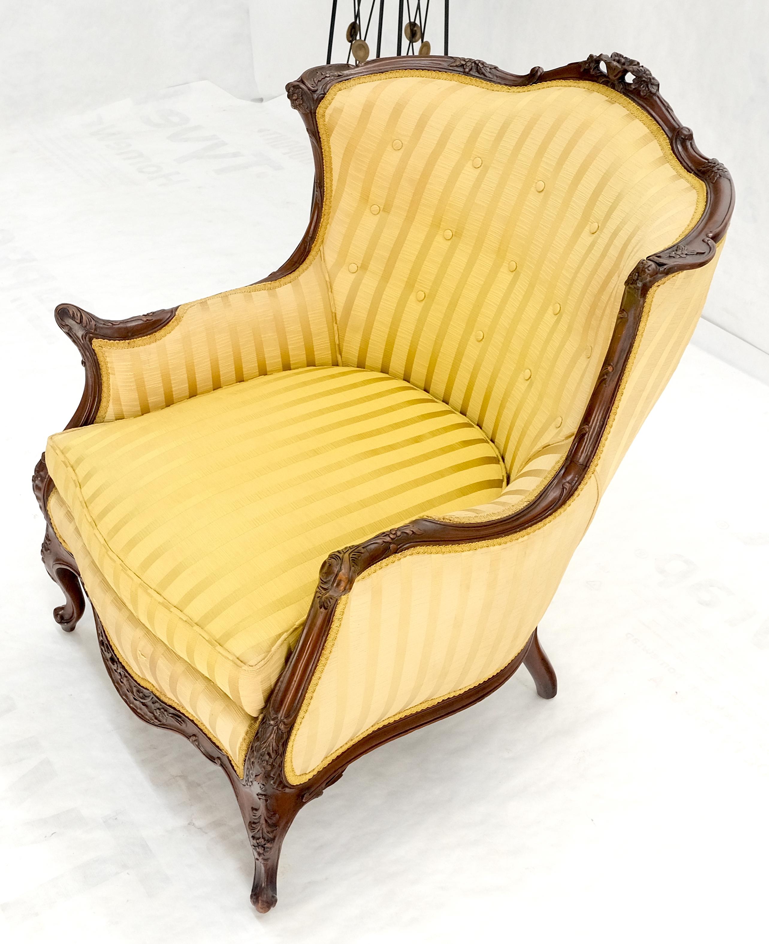 Striped Gold Upholstery Fine Deep Carved Mahogany Frame Lounge Chair Solid Frame For Sale 6
