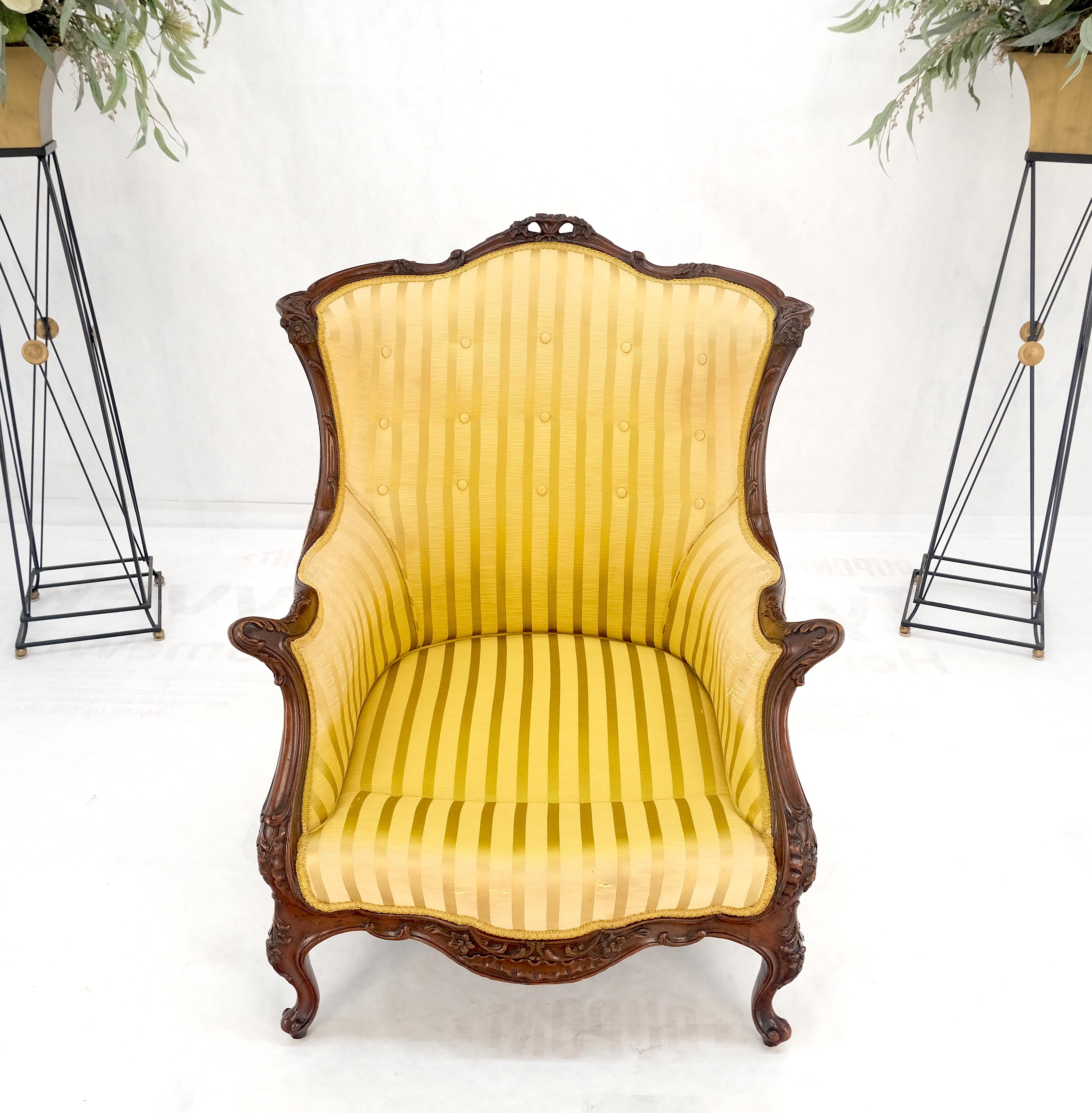 Striped Gold Upholstery Fine Deep Carved Mahogany Frame Lounge Chair Solid Frame For Sale 8