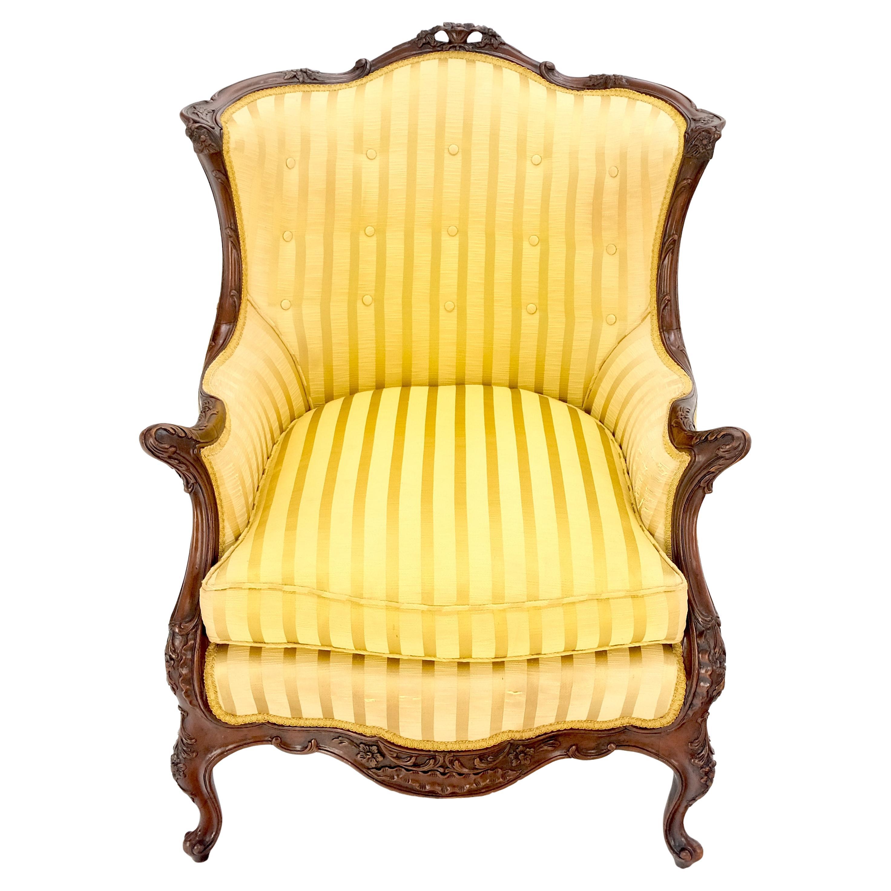 Striped Gold Upholstery Fine Deep Carved Mahogany Frame Lounge Chair Solid Frame.
Upholstery is in Slightly as is condition as pictured.