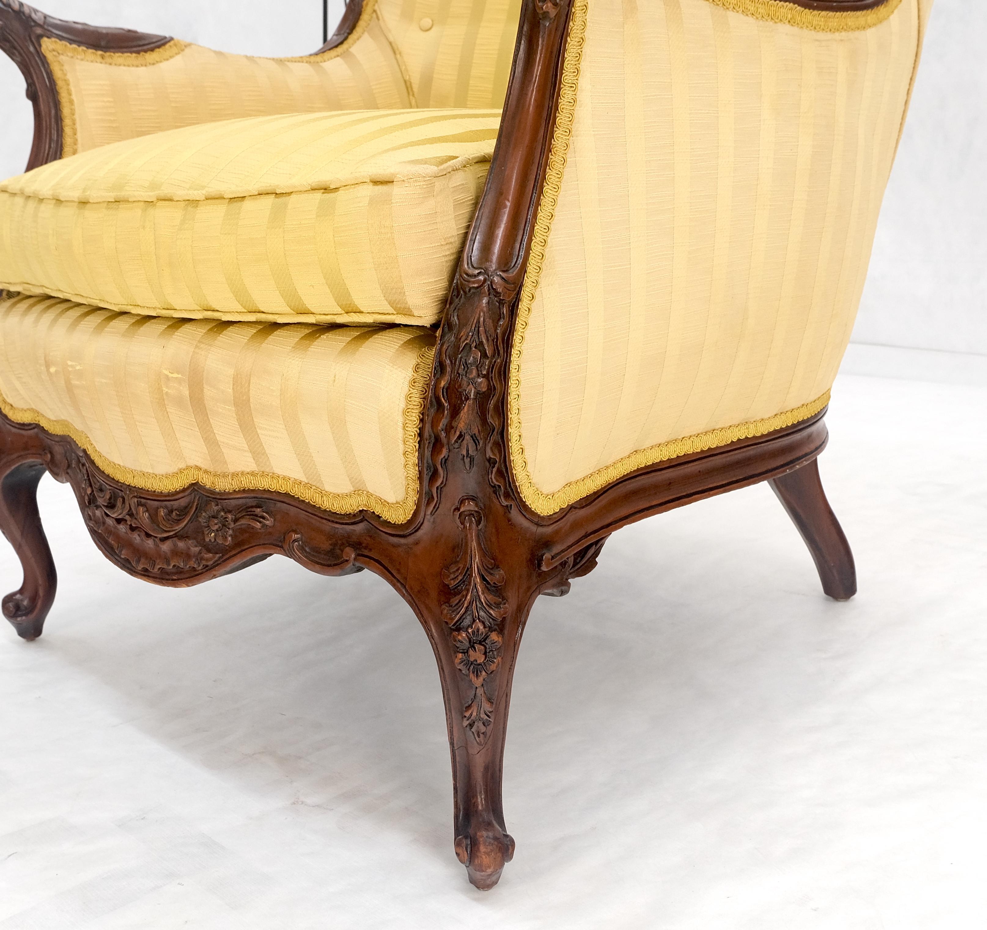 Rococo Striped Gold Upholstery Fine Deep Carved Mahogany Frame Lounge Chair Solid Frame For Sale