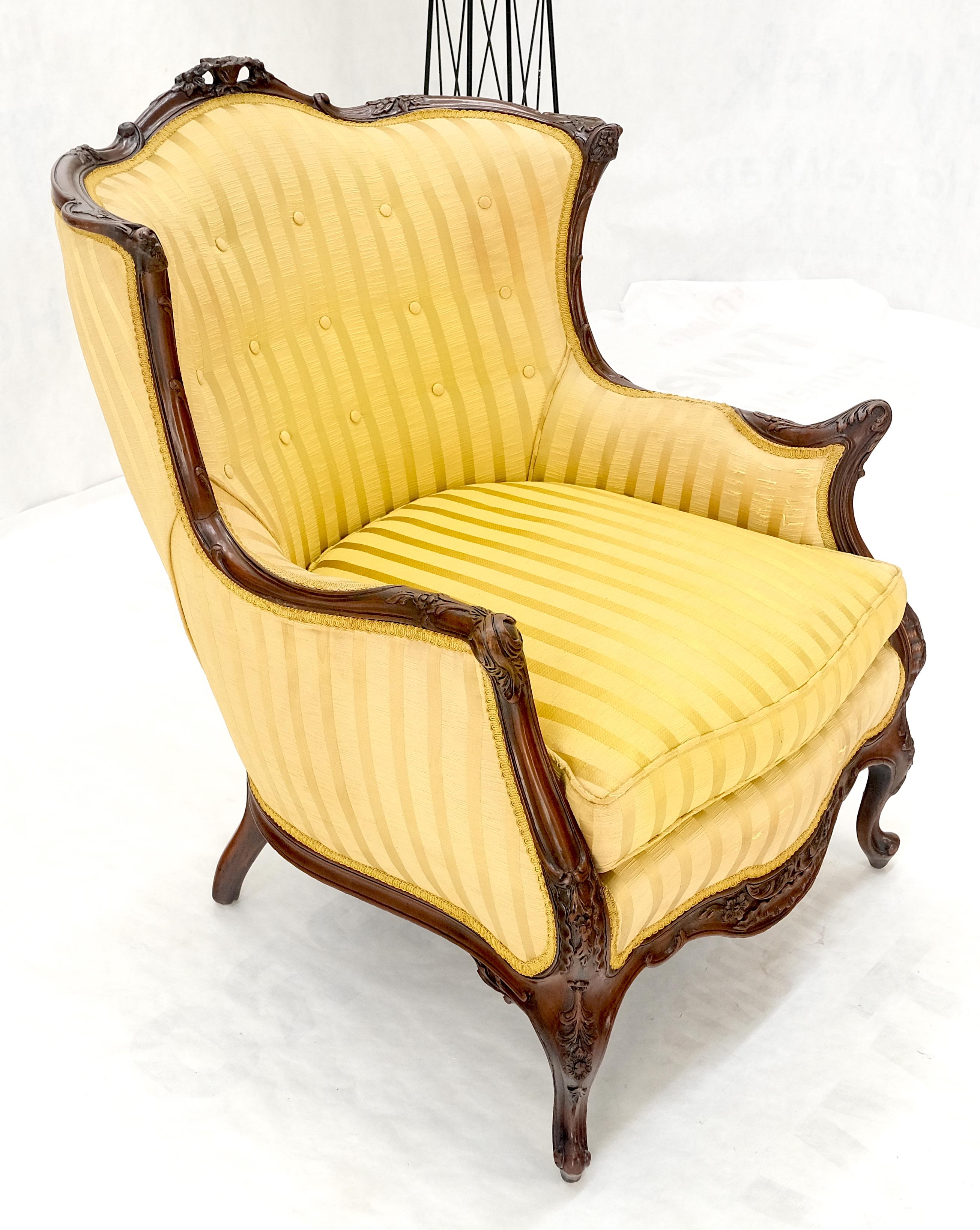 Striped Gold Upholstery Fine Deep Carved Mahogany Frame Lounge Chair Solid Frame For Sale 1