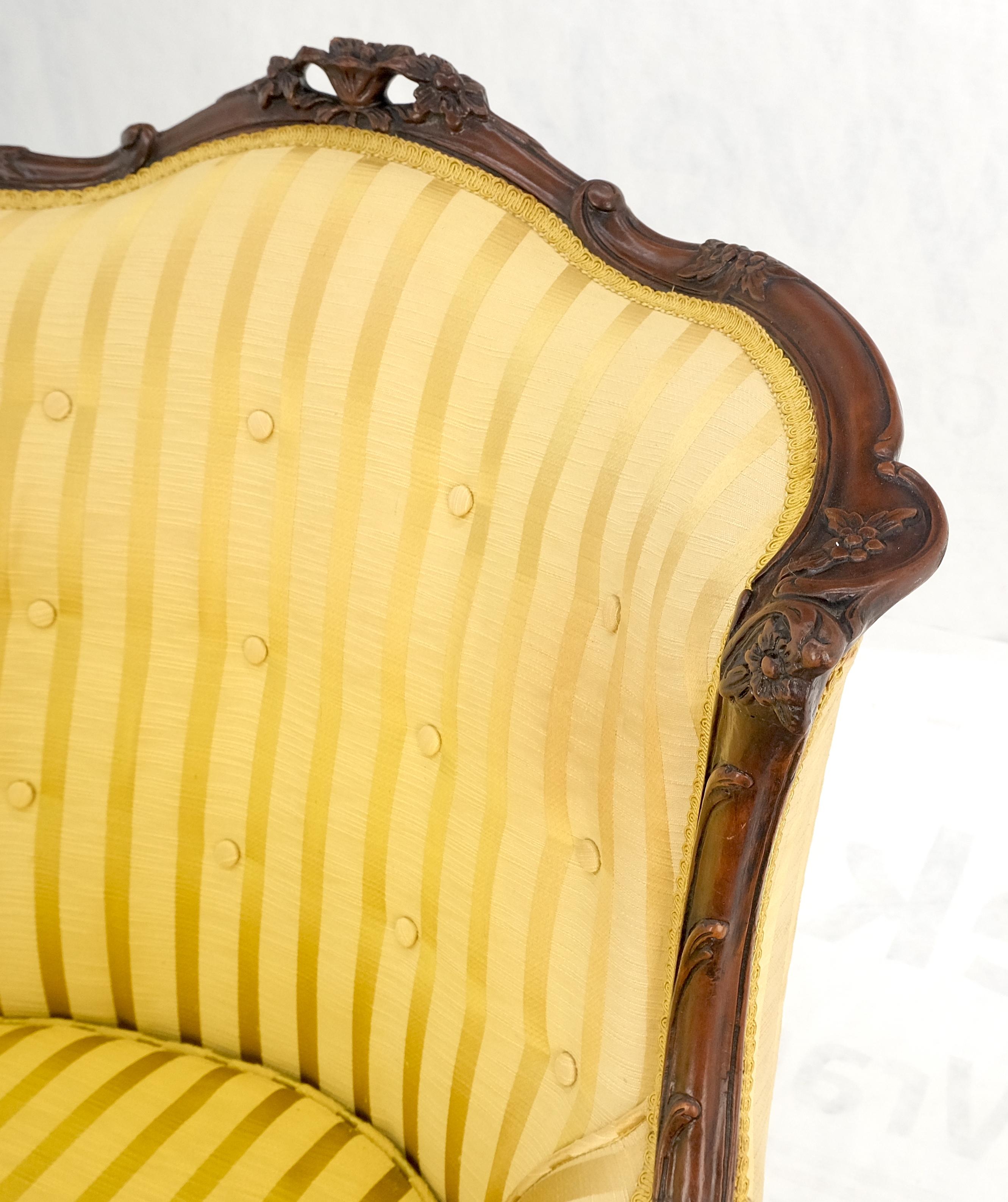 Striped Gold Upholstery Fine Deep Carved Mahogany Frame Lounge Chair Solid Frame For Sale 2