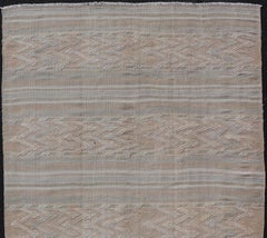 Striped Hand Woven Turkish Flat-Weave Kilim in Muted Colors and Tribal Motifs