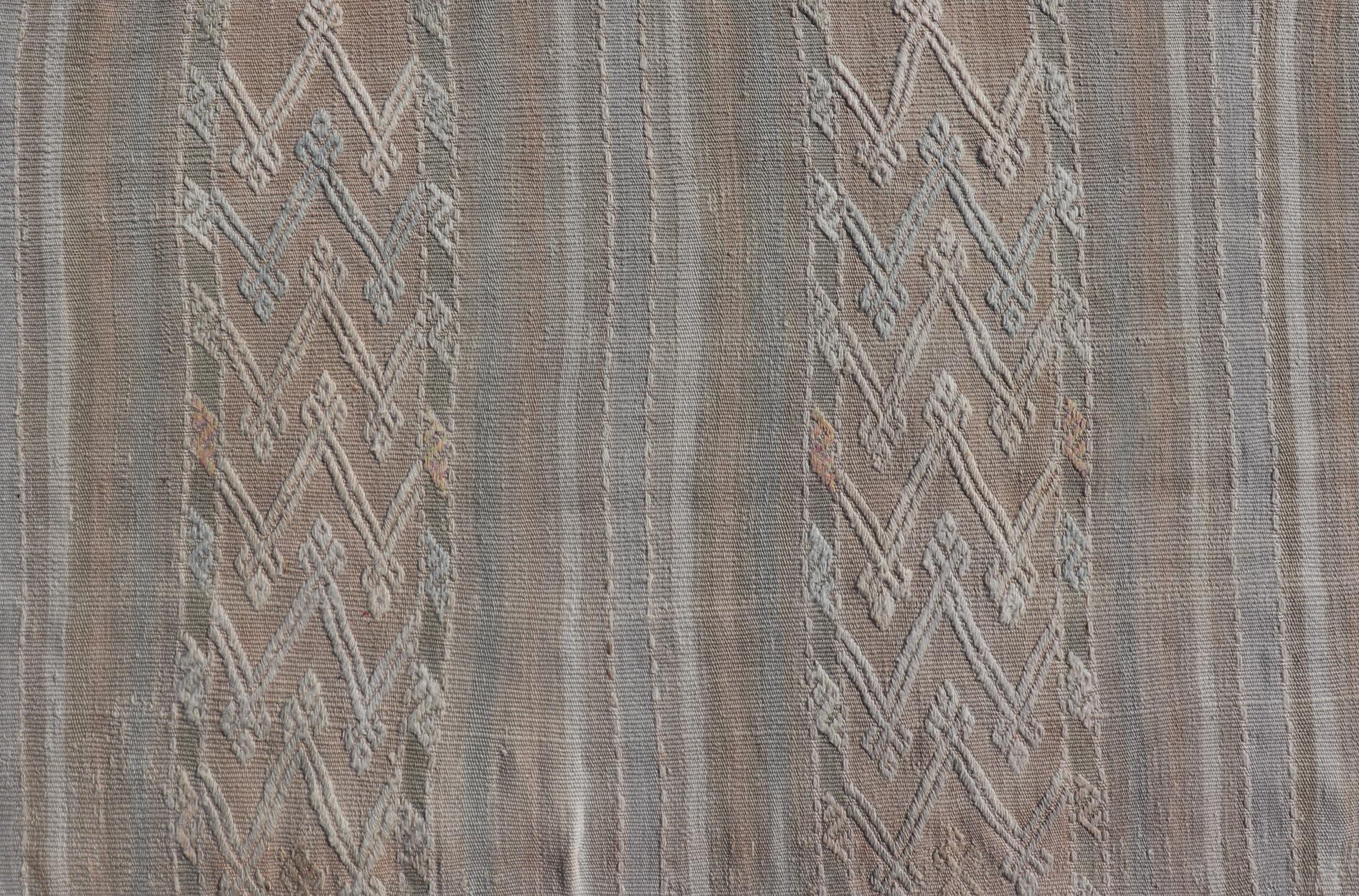Striped Hand Woven Turkish Flat-Weave Kilim in Muted Colors and Tribal Motifs For Sale 3