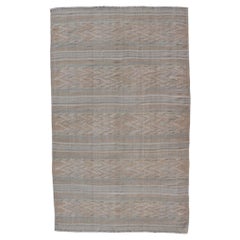 Vintage Striped Hand Woven Turkish Flat-Weave Kilim in Muted Colors and Tribal Motifs