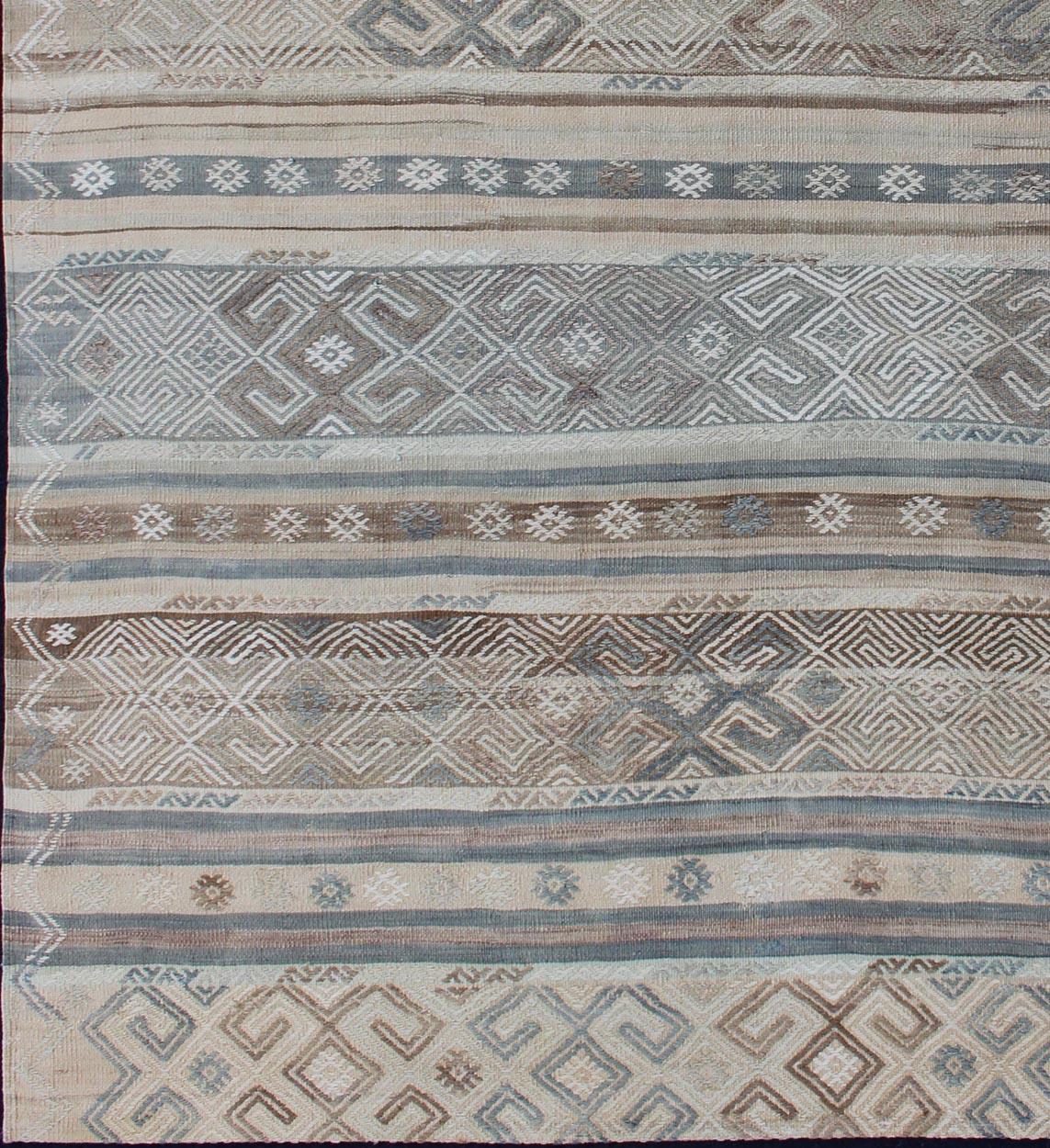 Hand-Woven Striped Hand Woven Turkish Vintage Kilim with Geometric Designs For Sale