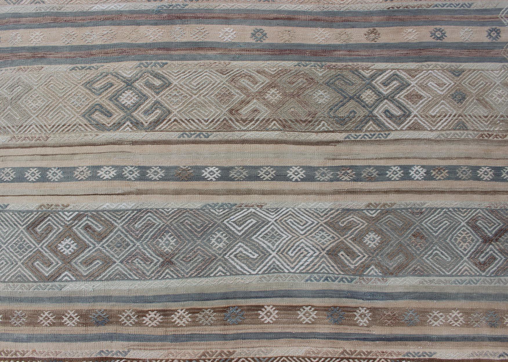 Striped Hand Woven Turkish Vintage Kilim with Geometric Designs For Sale 1