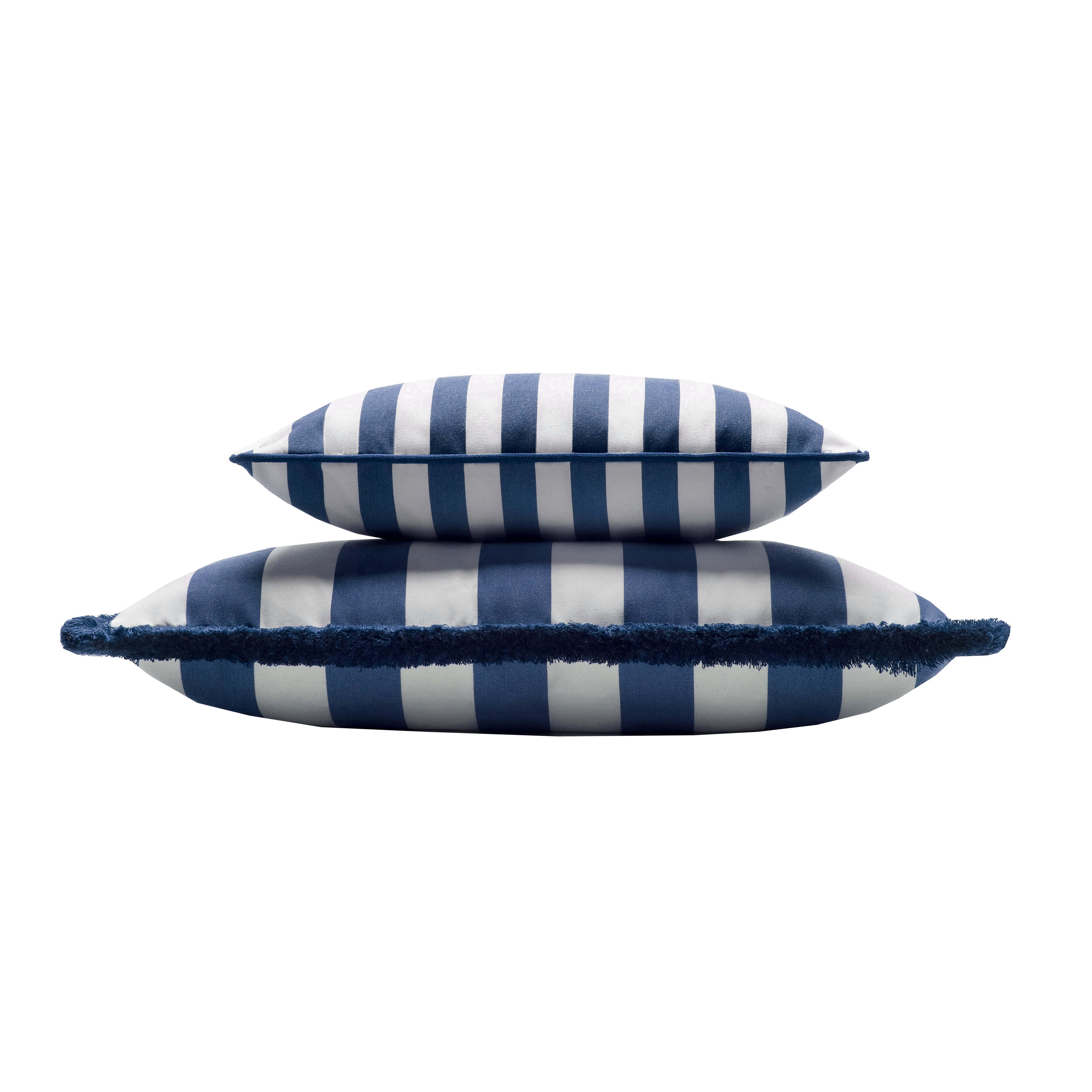 Modern Striped Happy Frame Pillow Outdoor with Piping Blue and White Water Repellent For Sale