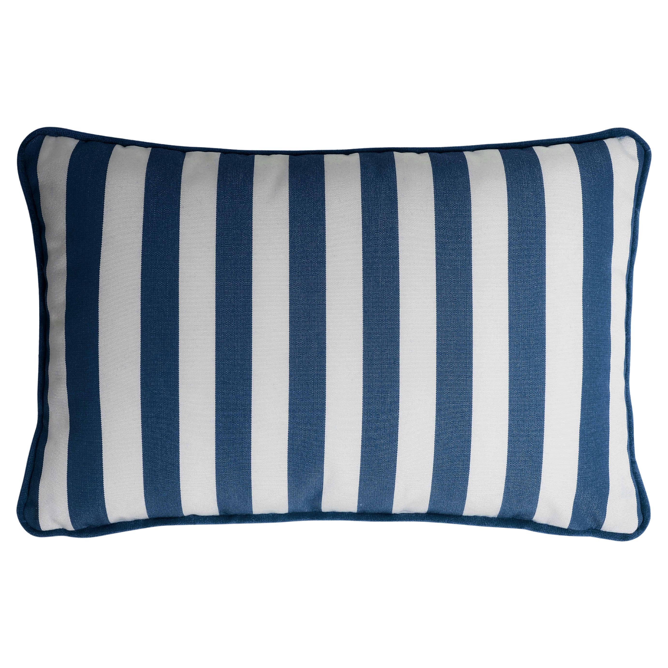 Striped Happy Frame Pillow Outdoor with Piping Blue and White Water Repellent