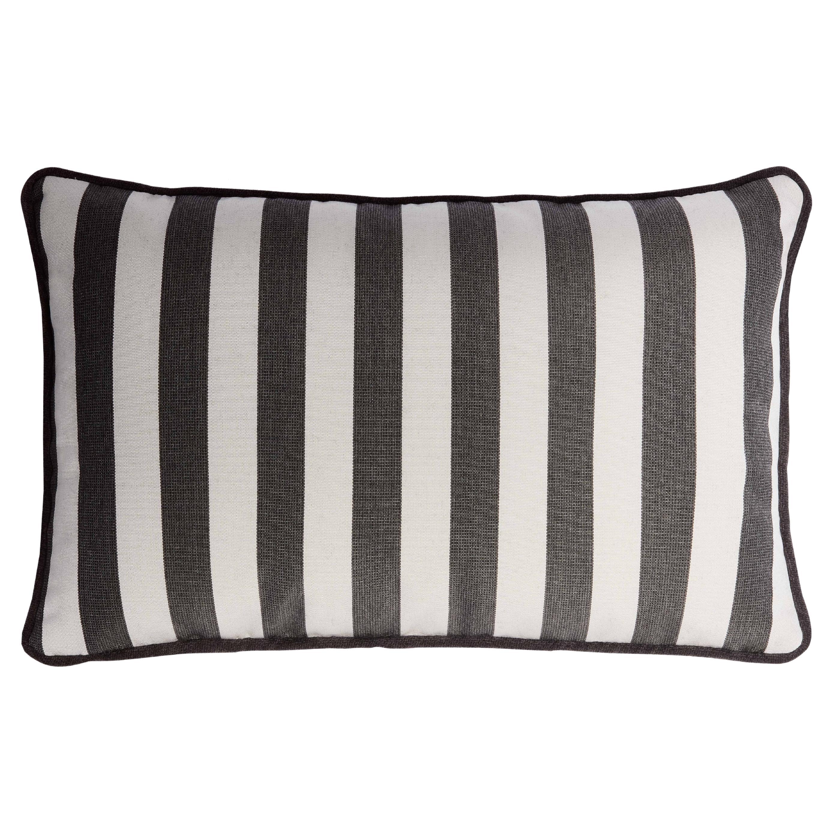 Striped Happy Frame Pillow Outdoor with Piping Carbon and White Water Repellent For Sale