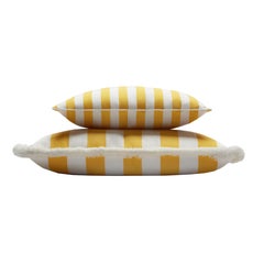 Striped Happy Frame Pillow Outdoor with Piping Yellow and White Water Repellent
