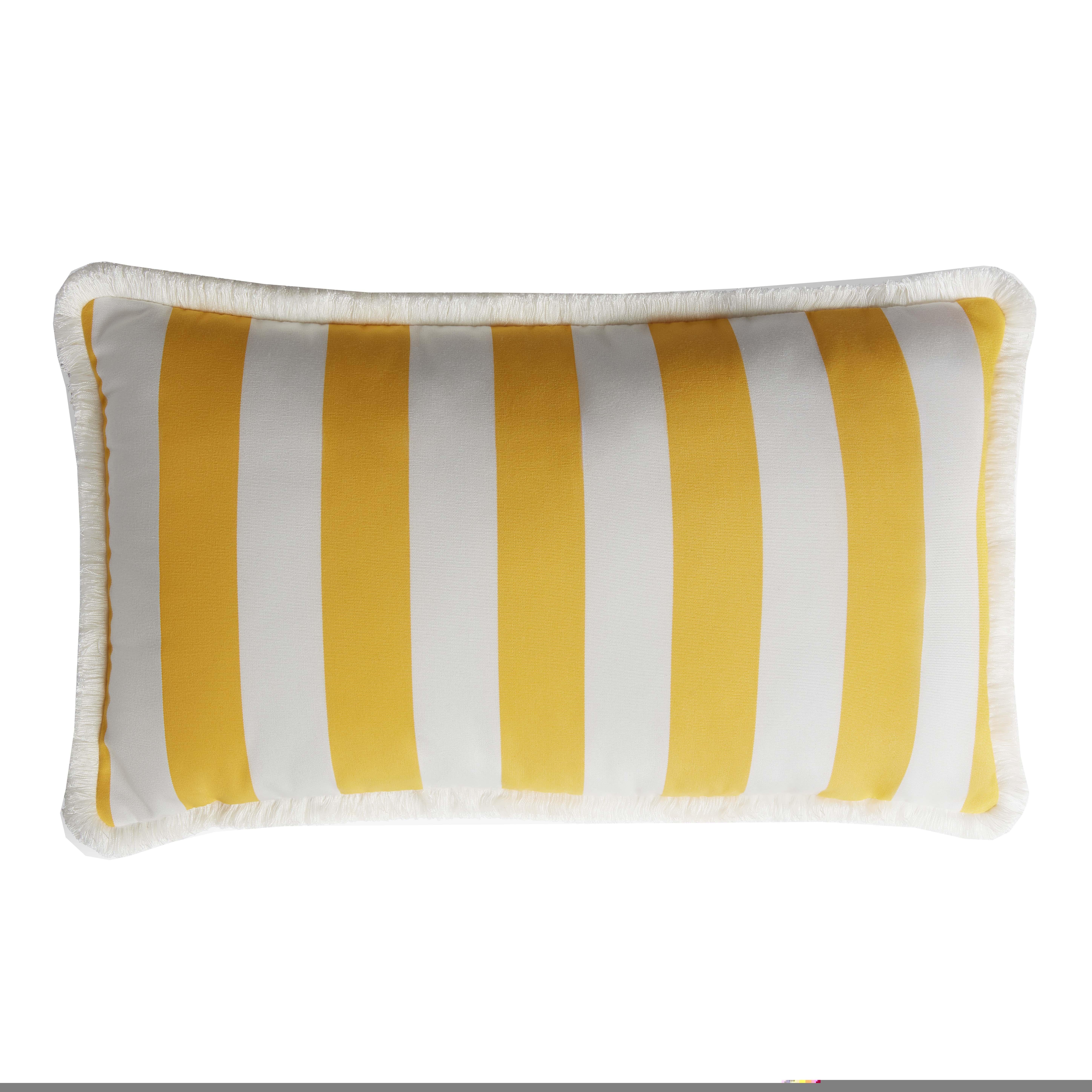 Modern Striped Happy Frame Pillow Outdoor with Piping Yellow and White Water Repellent For Sale