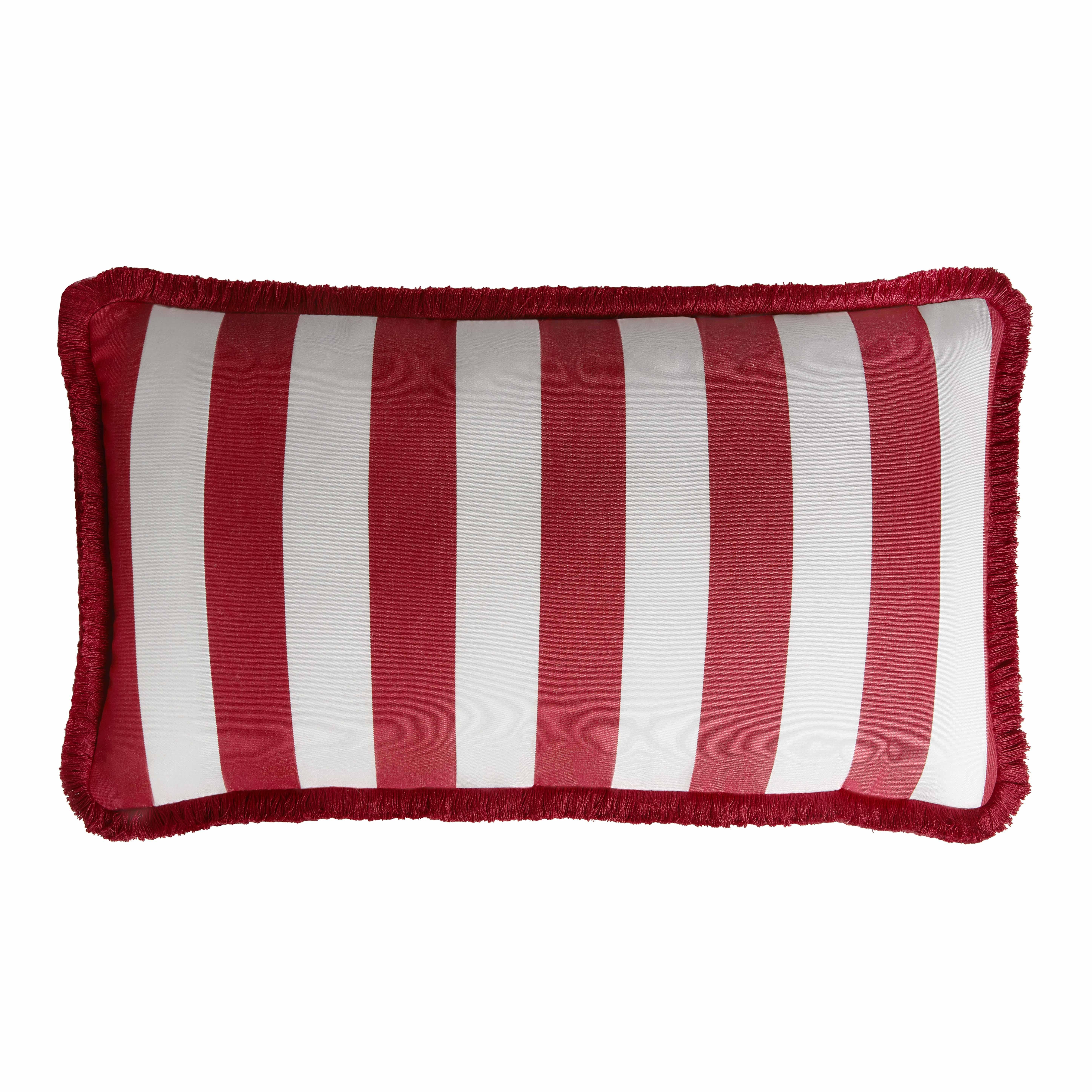 Contemporary Striped Happy Pillow Outdoor with Fringes White and Carbon Water Repellent For Sale
