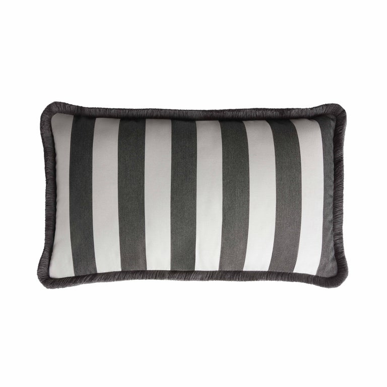 Striped Happy Pillow Outdoor with Fringes Beige and White For Sale at 1stDibs