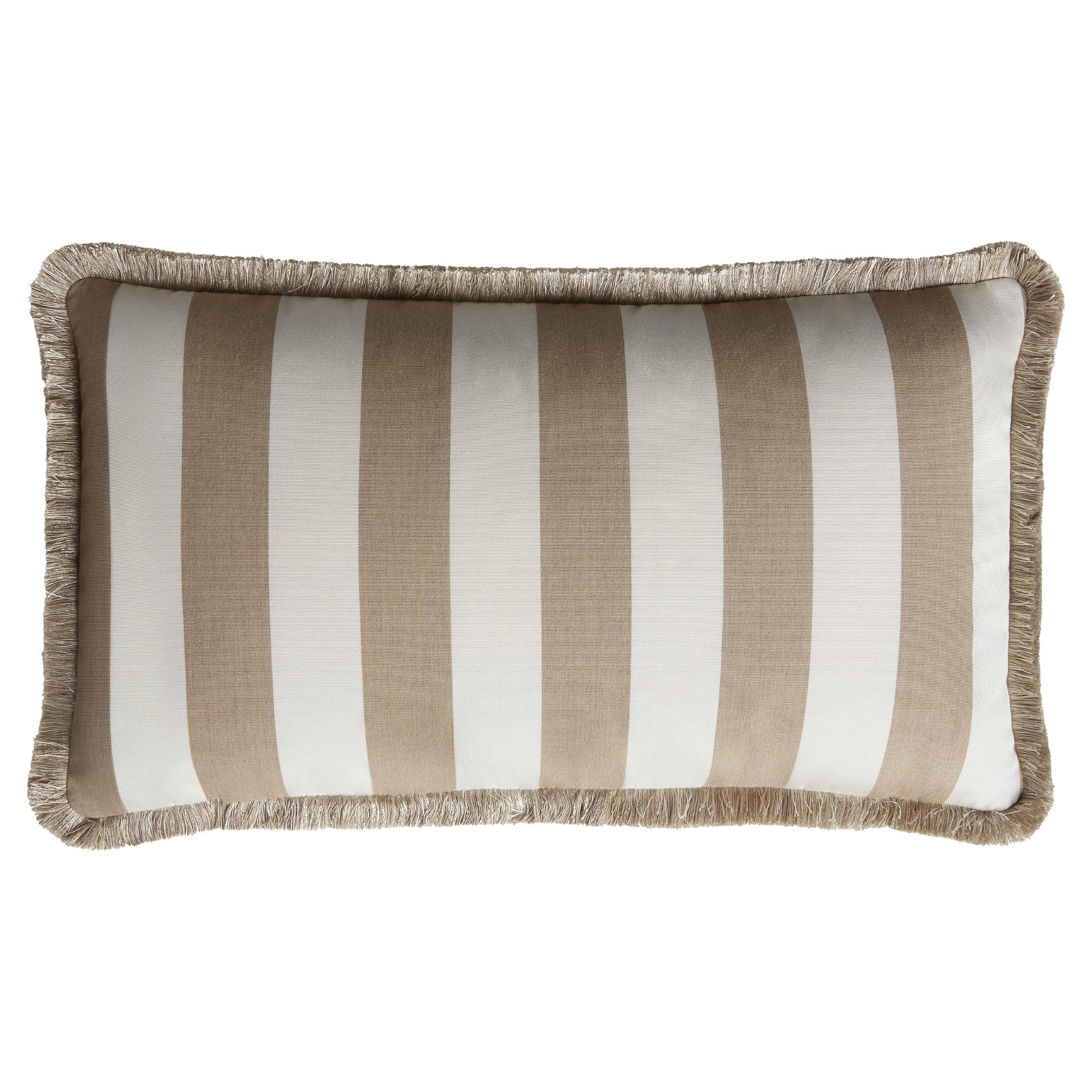 Striped Happy Pillow Outdoor with Fringes Beige and White  For Sale