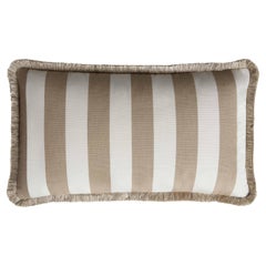 Vintage Striped Happy Pillow Outdoor with Fringes Beige and White 