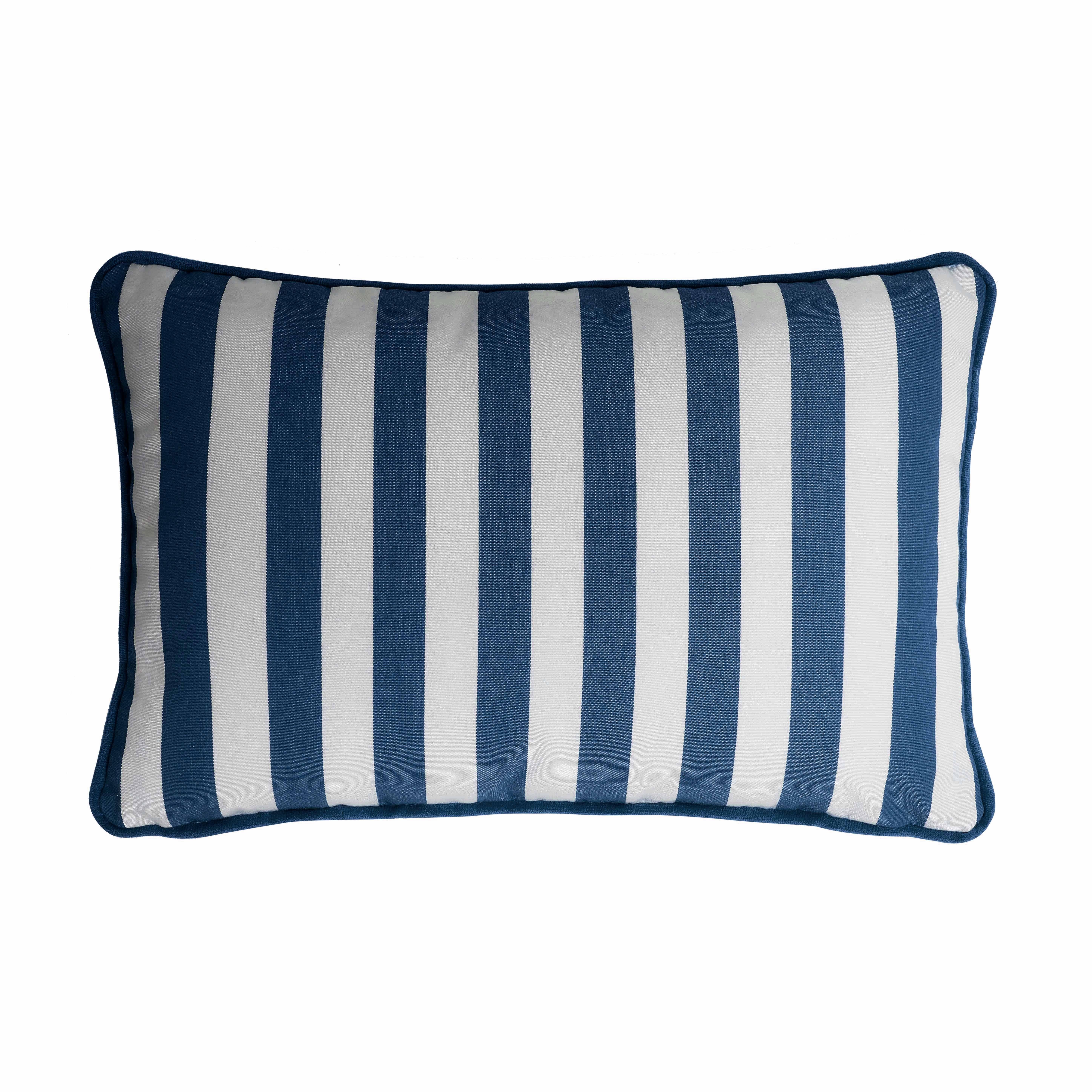 Striped Happy Pillow Outdoor with Fringes White and Blue Water Repellent In New Condition For Sale In Carimate, Lombardia