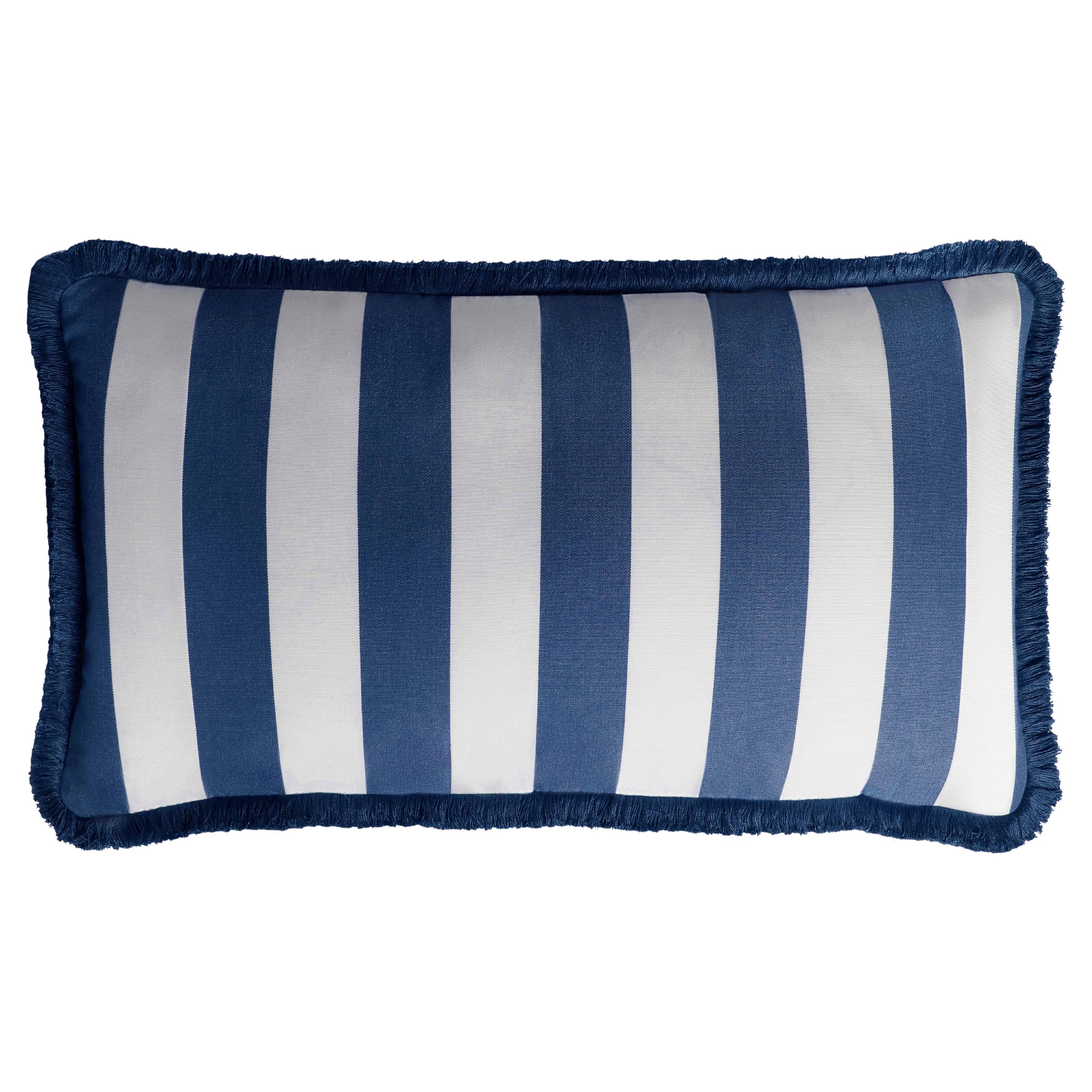 Striped Happy Pillow Outdoor with Fringes White and Blue Water Repellent For Sale