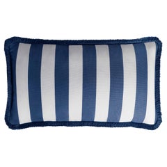 Striped Happy Pillow Outdoor with Fringes White and Blue Water Repellent