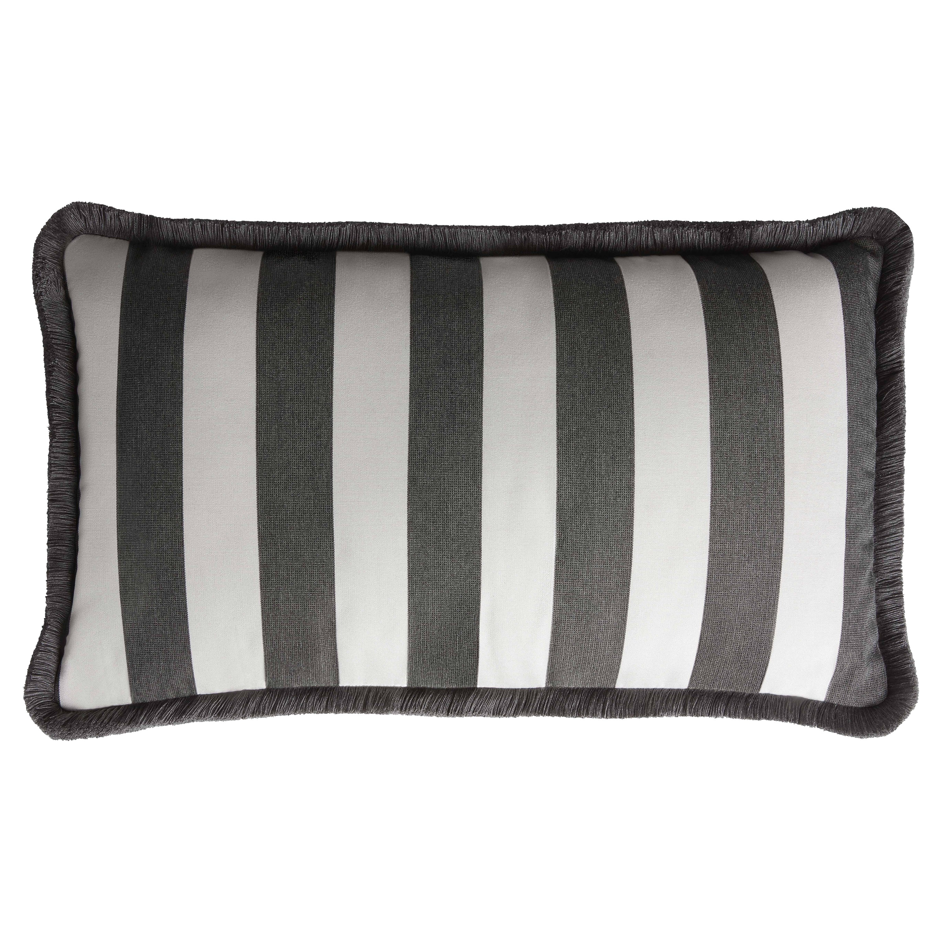 Cuscino Happy a righe per esterni con frange Bianco e carbone idrorepellente