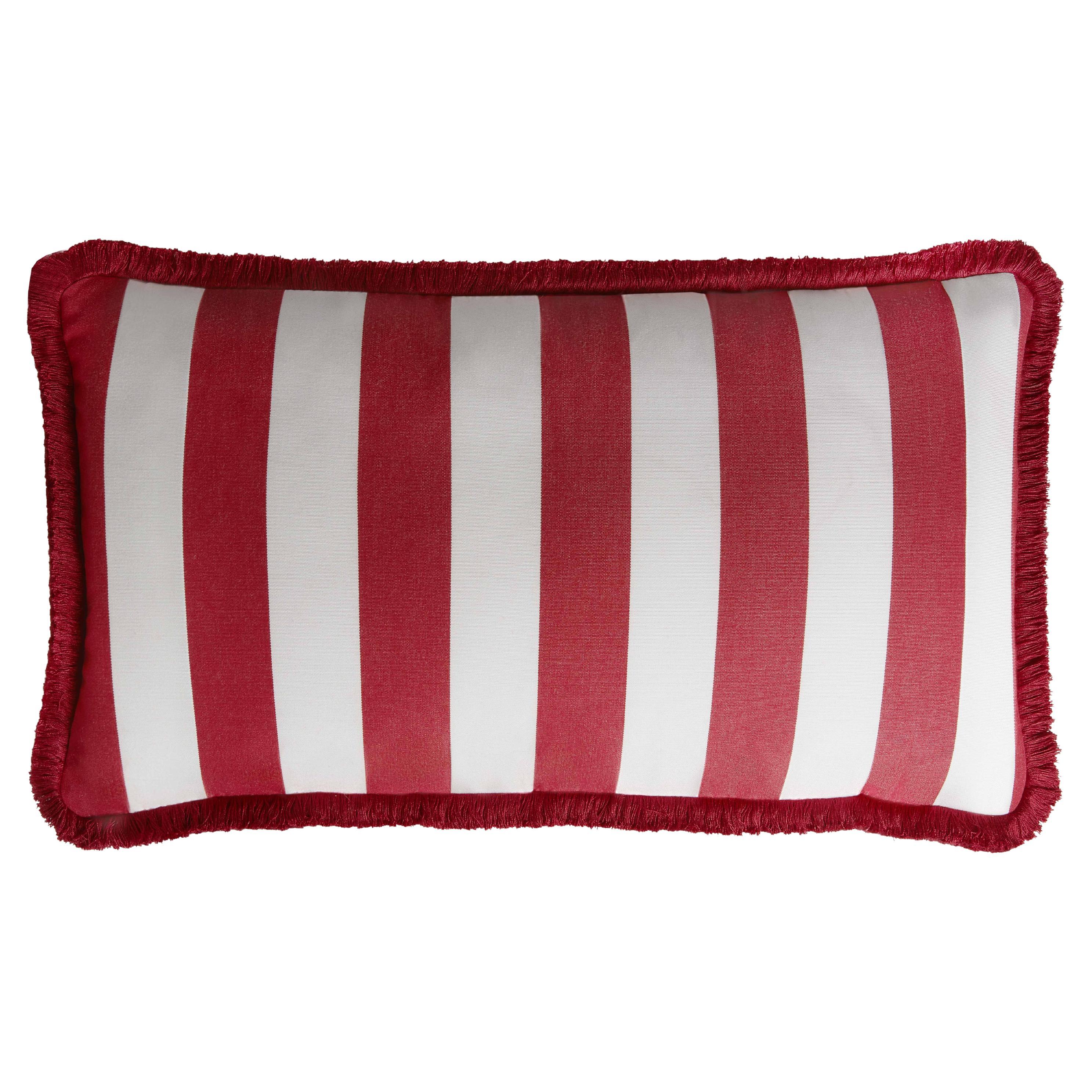 Gestreiftes Happy Pillow Outdoor mit Fransen Weiß und Rot Wasserabweisend im Angebot