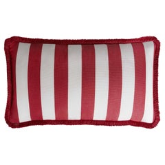 Striped Happy Pillow Outdoor with Fringes White and Red Water Repellent