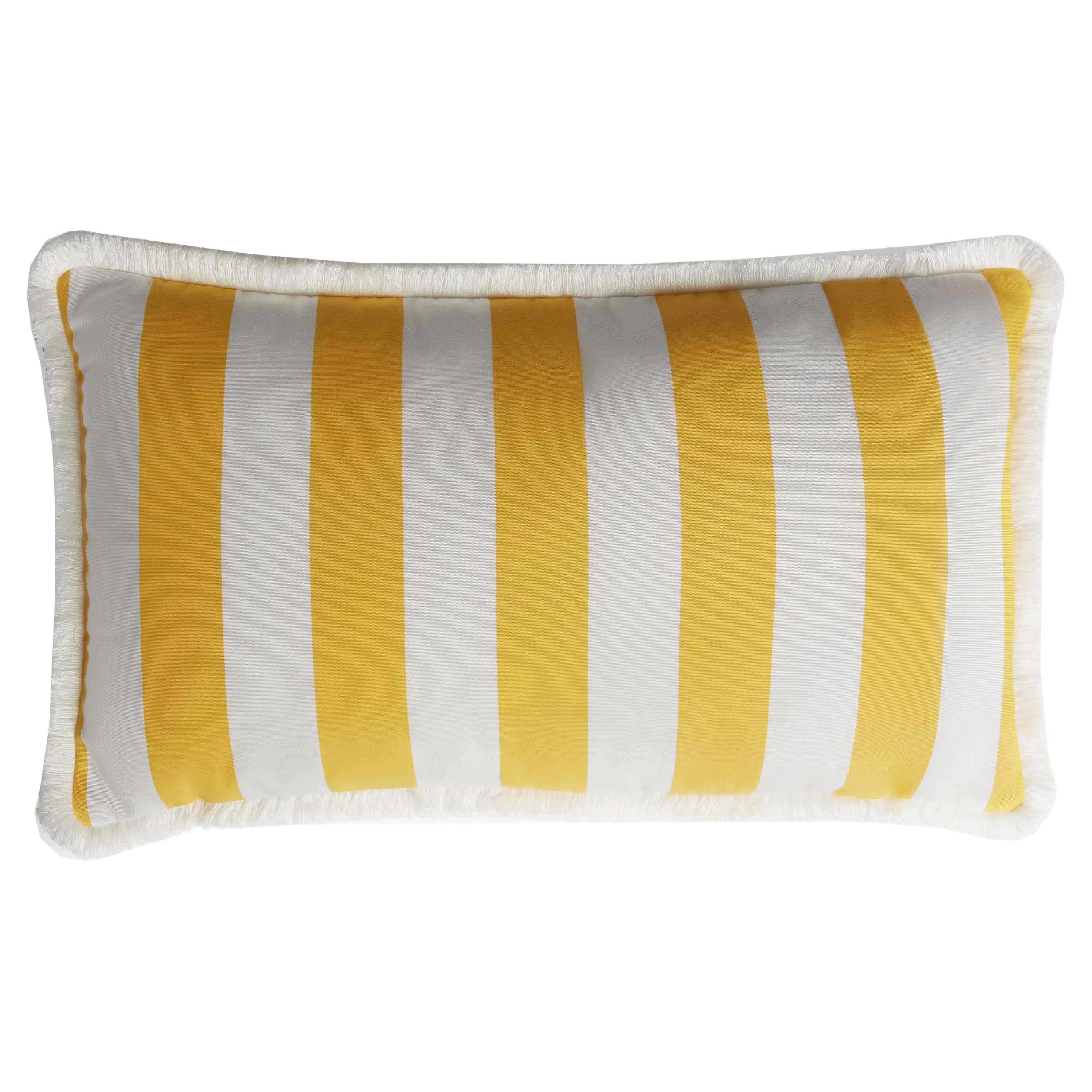 Striped Happy Pillow Outdoor with Fringes White and Yellow Water Repellent For Sale