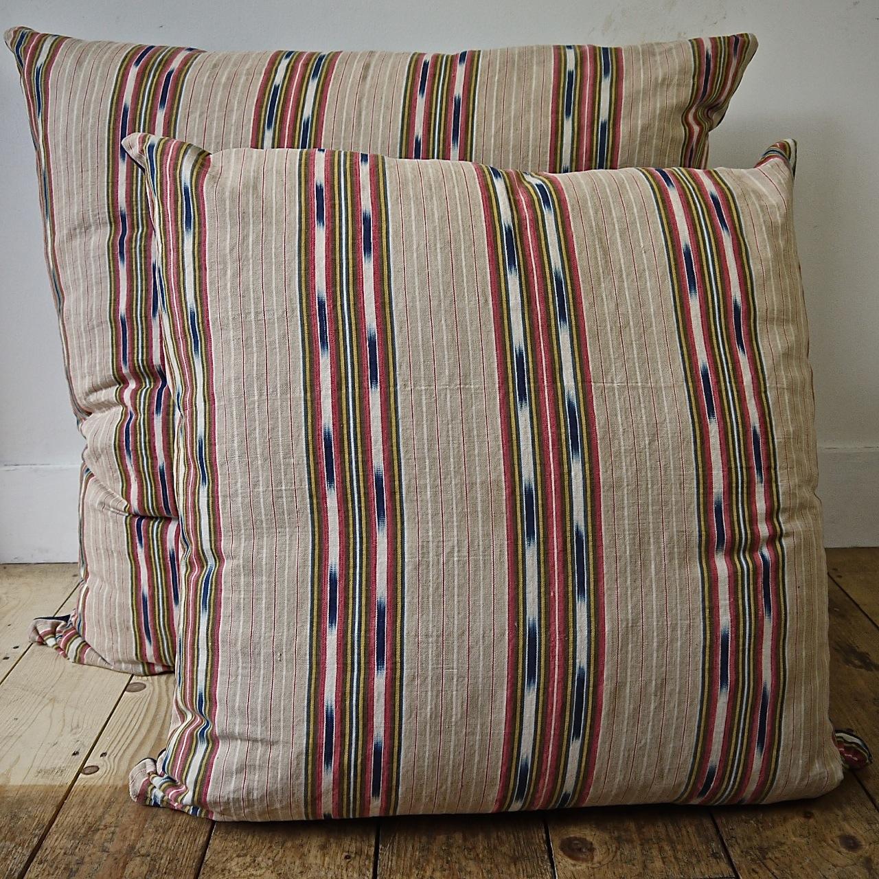 Striped Ikat Ticking Floor Pillow, French, 19th Century For Sale 1