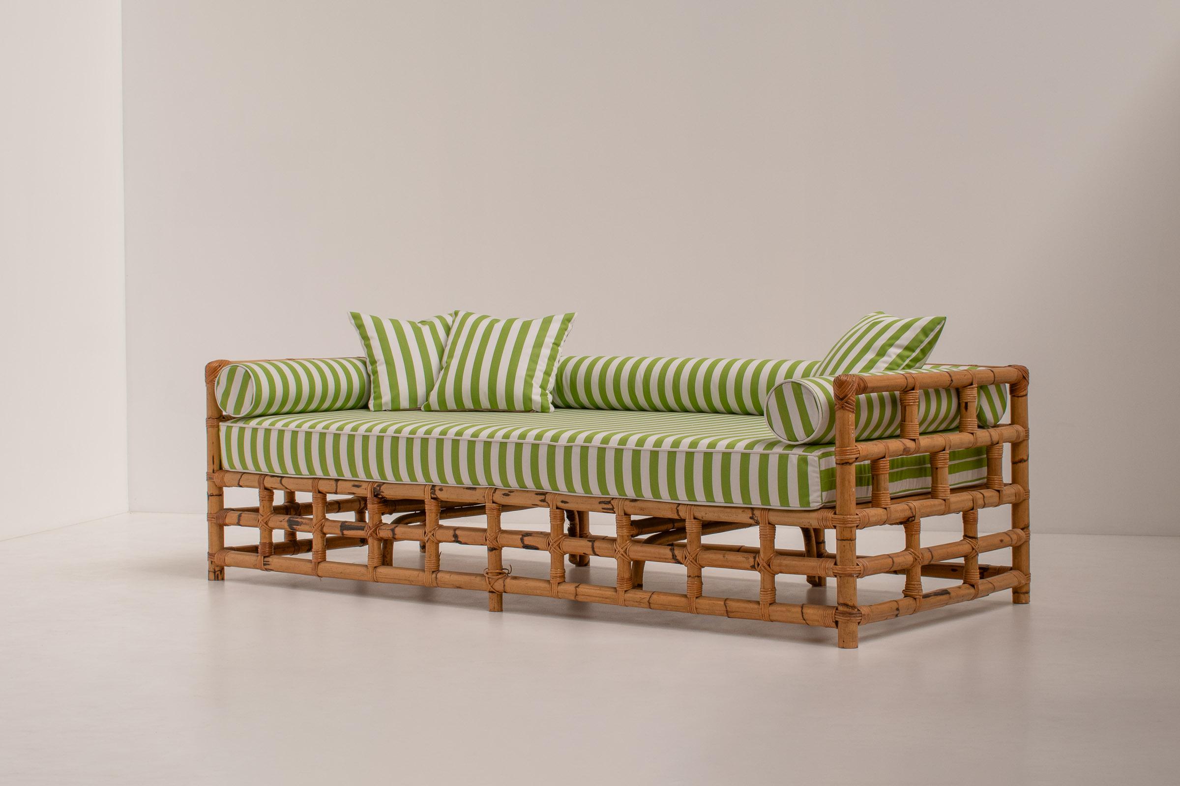 Bohemian Striped Italian Bamboo Sofa or Daybed, Italy, 1970s