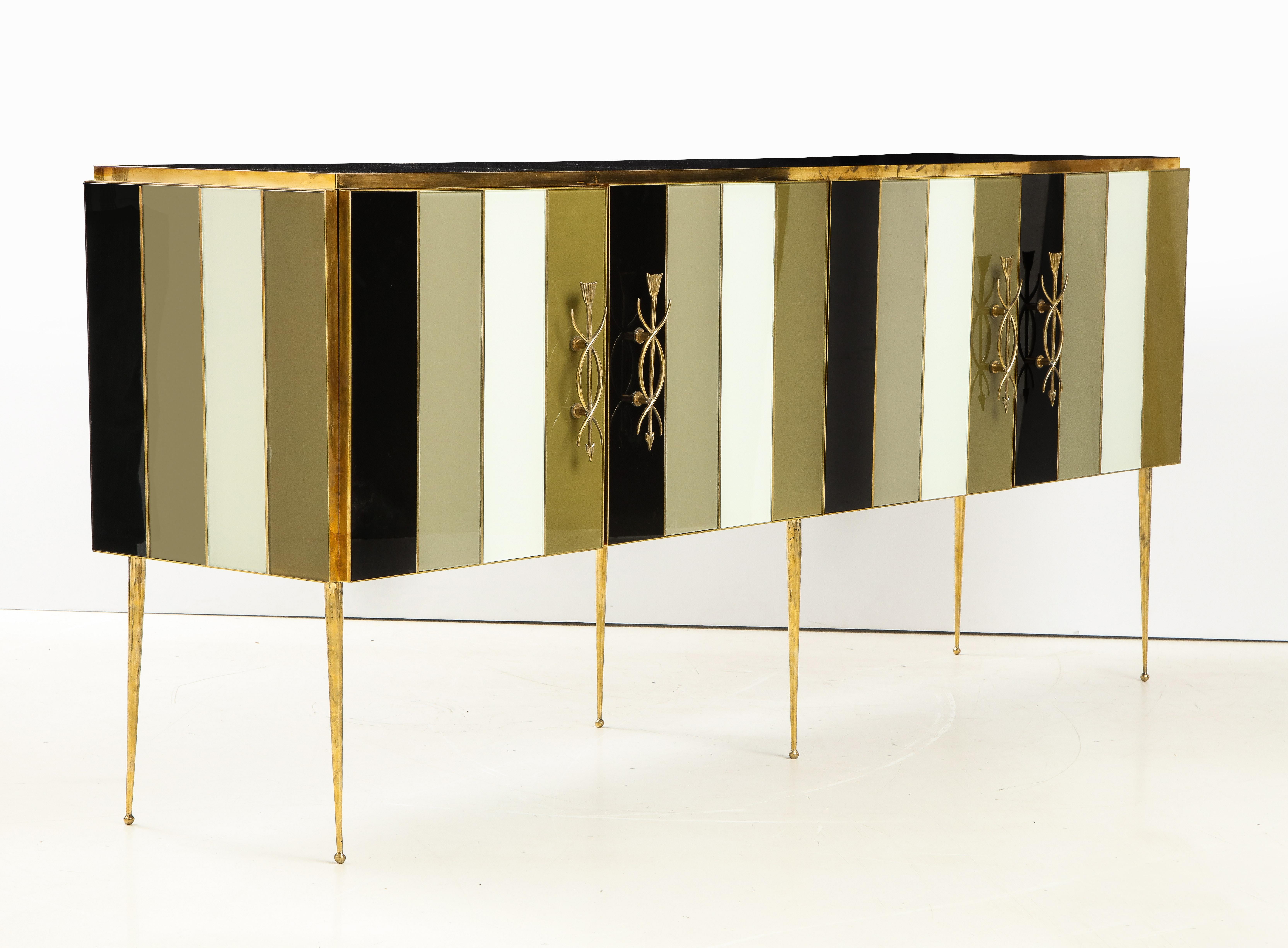 Striped Ivory, Black and Taupe Green Tinted Glass and Brass Sideboard, Italy 3