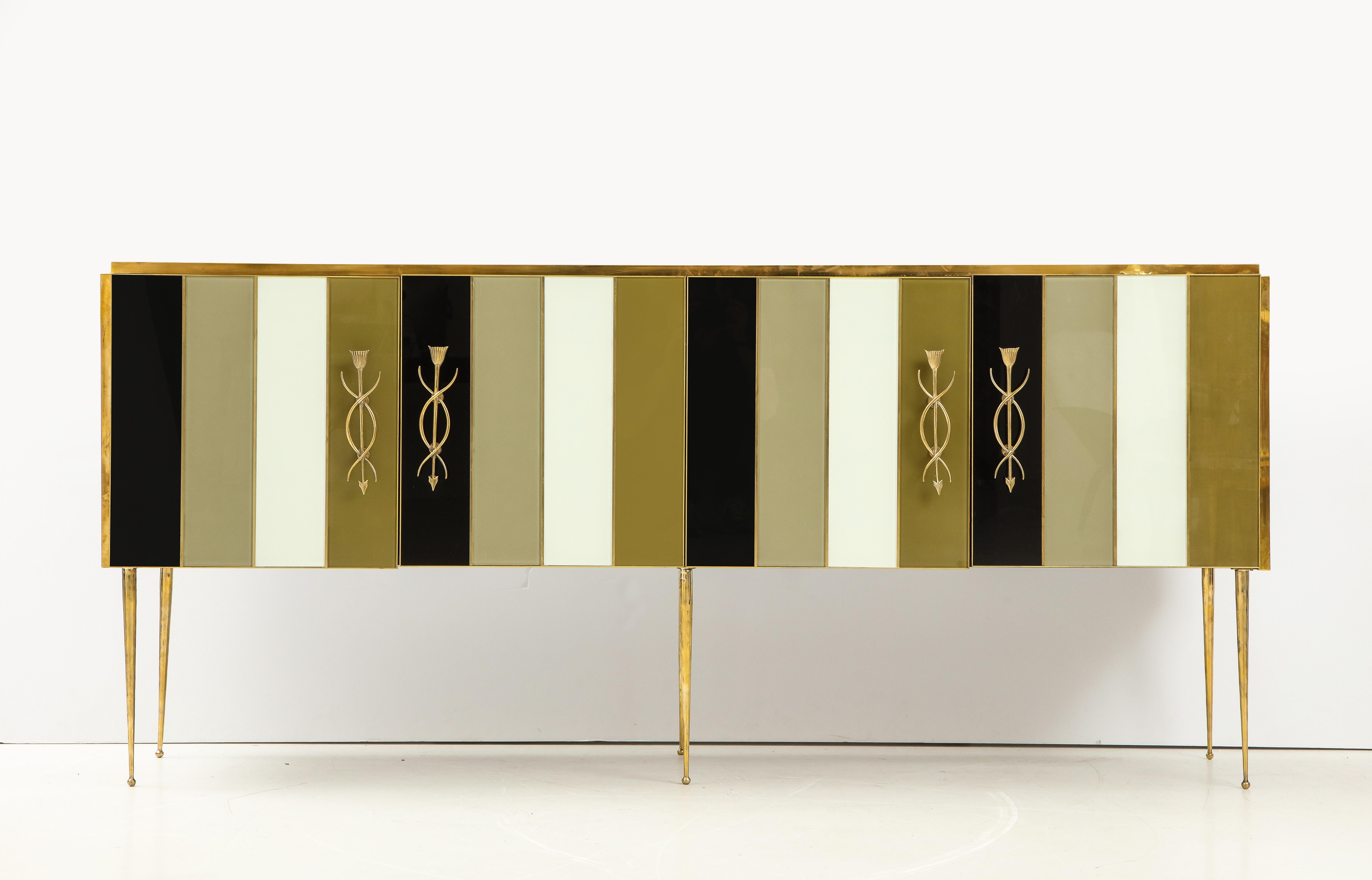 Mid-Century Modern Striped Ivory, Black and Taupe Green Tinted Glass and Brass Sideboard, Italy