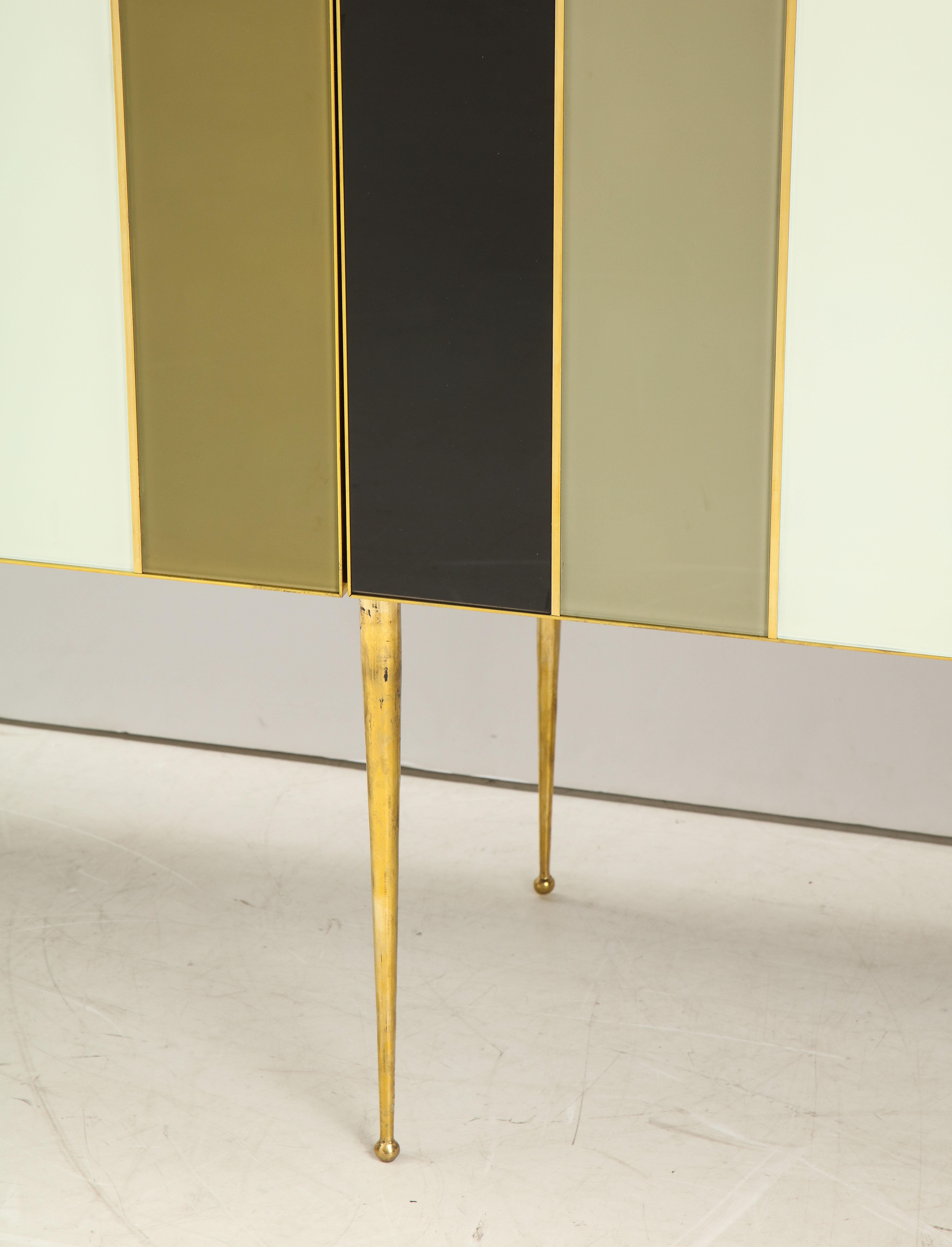 Hand-Crafted Striped Ivory, Black and Taupe Green Tinted Glass and Brass Sideboard, Italy